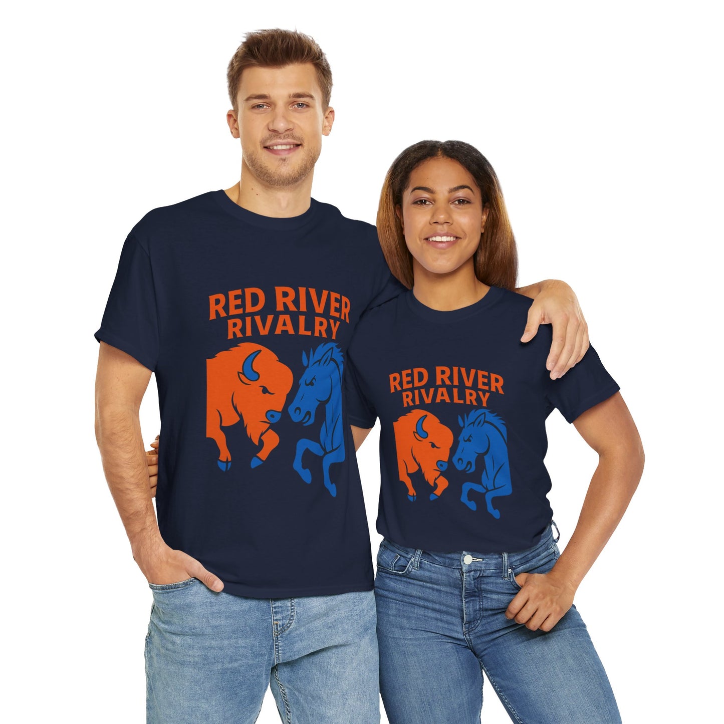Red River Rivalry T-Shirt – Oklahoma vs Texas-Inspired Tee, Bison and Mustang Game Day Shirt, Blue and Orange Sports Rivalry Graphic