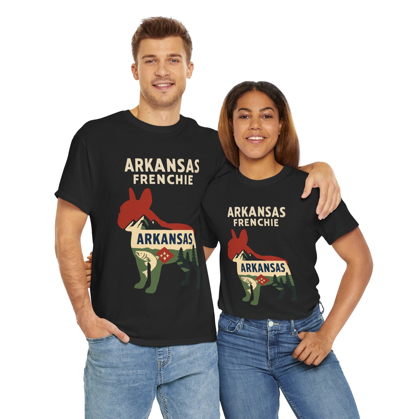 Arkansas Frenchie T-Shirt – French Bulldog State Pride Tee, Retro Arkansas Dog Lover Shirt, Nature Hiking Frenchie Gift