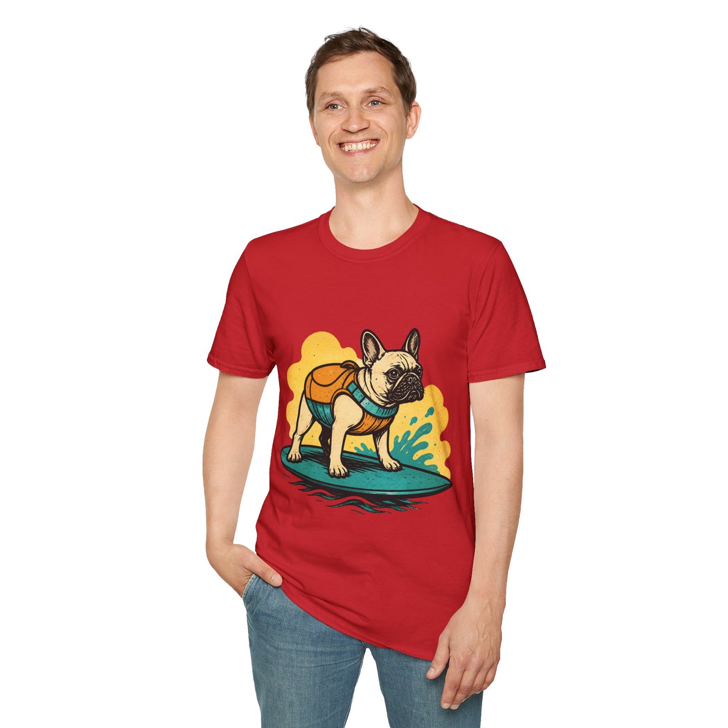 French Bulldog Surf T‑Shirt — Cute Dog with Backpack Beach Tee