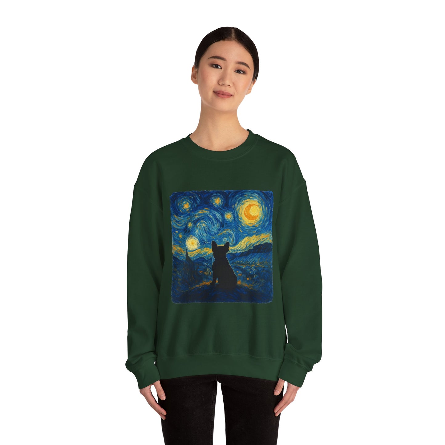 Starry Night Frenchie Sweatshirt – Van Gogh Inspired French Bulldog Art Crewneck, Cozy Dog Lover Gift, Retro Frenchie Sweater