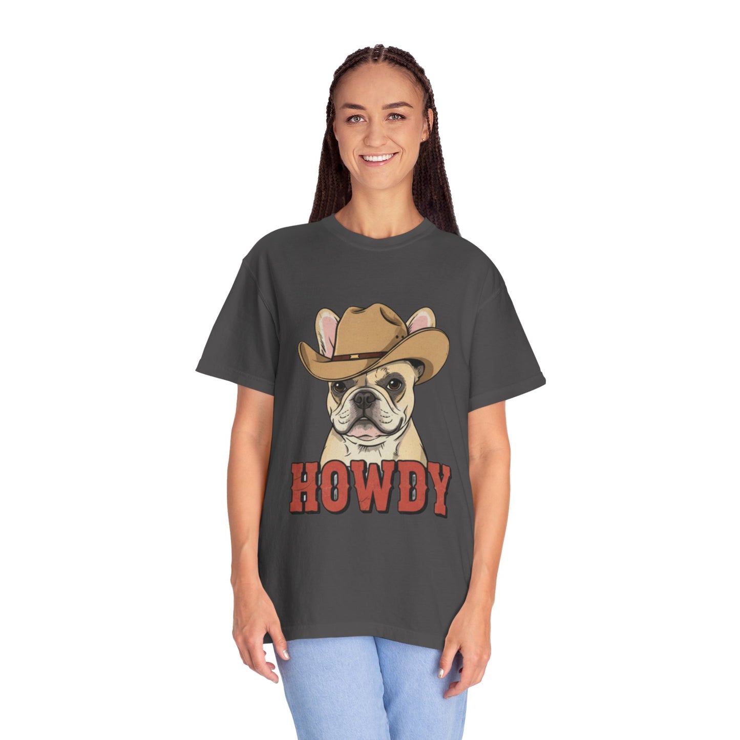 Howdy French Bulldog Cowboy T-Shirt | Western Frenchie Graphic Tee | Cute Dog Lover Country Shirt | Funny Gift for Him or Her
