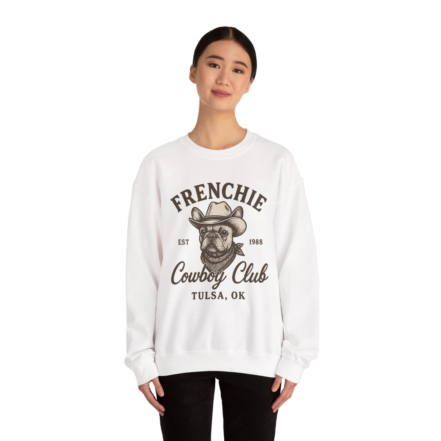 Retro Frenchie Cowboy Club Sweatshirt | Vintage Western French Bulldog Pullover | Country Dog Lover Crewneck | Tulsa Oklahoma Graphic Sweater