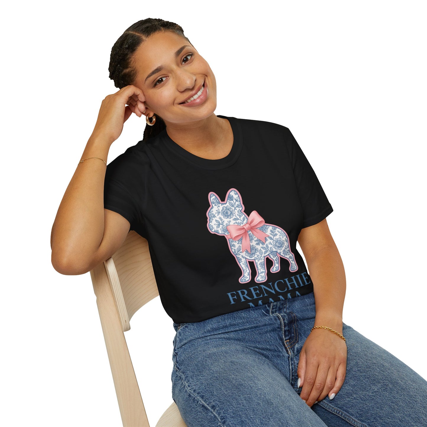 Frenchie Mama Shirt – Floral French Bulldog Silhouette Tee with Pink Bow, Dog Mom Gift, Cute Frenchie Lover T-Shirt, Pastel Dog Mom Apparel
