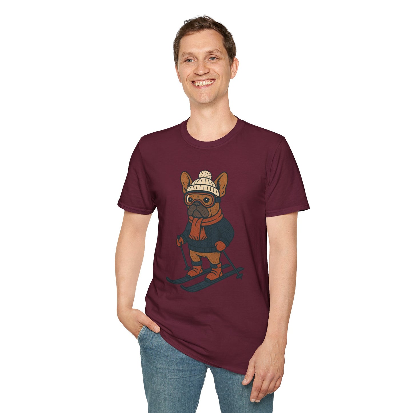 French Bulldog Skiing T-Shirt, Winter Frenchie Shirt, Ski Dog Graphic Tee, Cute Snow Dog Gift, Funny Frenchie Lover Shirt, Skiing Pup Tee