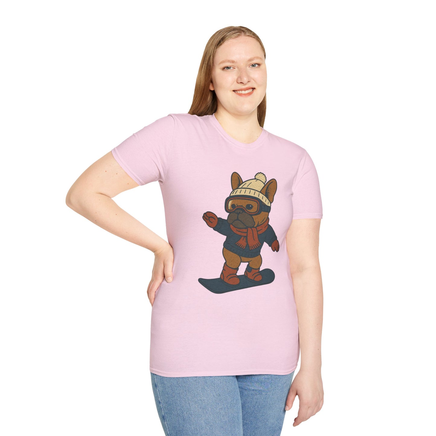 Snowboarding Frenchie T-Shirt | Cute Winter Dog Snowboard Tee | French Bulldog Snowboarder Shirt | Holiday Ski Resort Pup Graphic | Dog Lover Snow Sport Gift