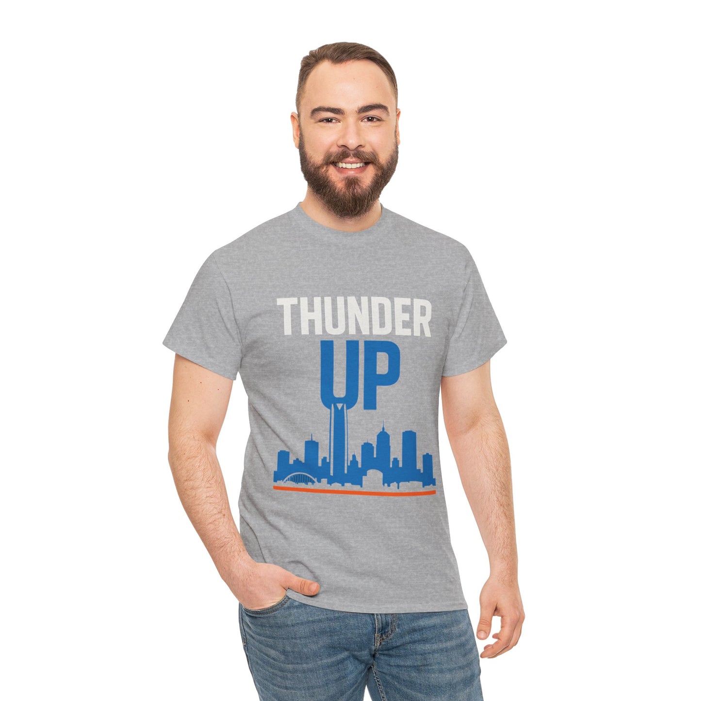 Thunder Up Oklahoma City Skyline Shirt – OKC Basketball Fan Tee, Blue & Orange City Skyline Graphic, Oklahoma Hoops Spirit Wear, Game Day T-Shirt