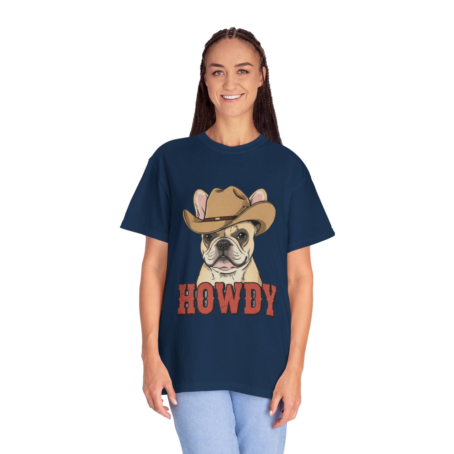 Howdy French Bulldog Cowboy T-Shirt | Western Frenchie Graphic Tee | Cute Dog Lover Country Shirt | Funny Gift for Him or Her