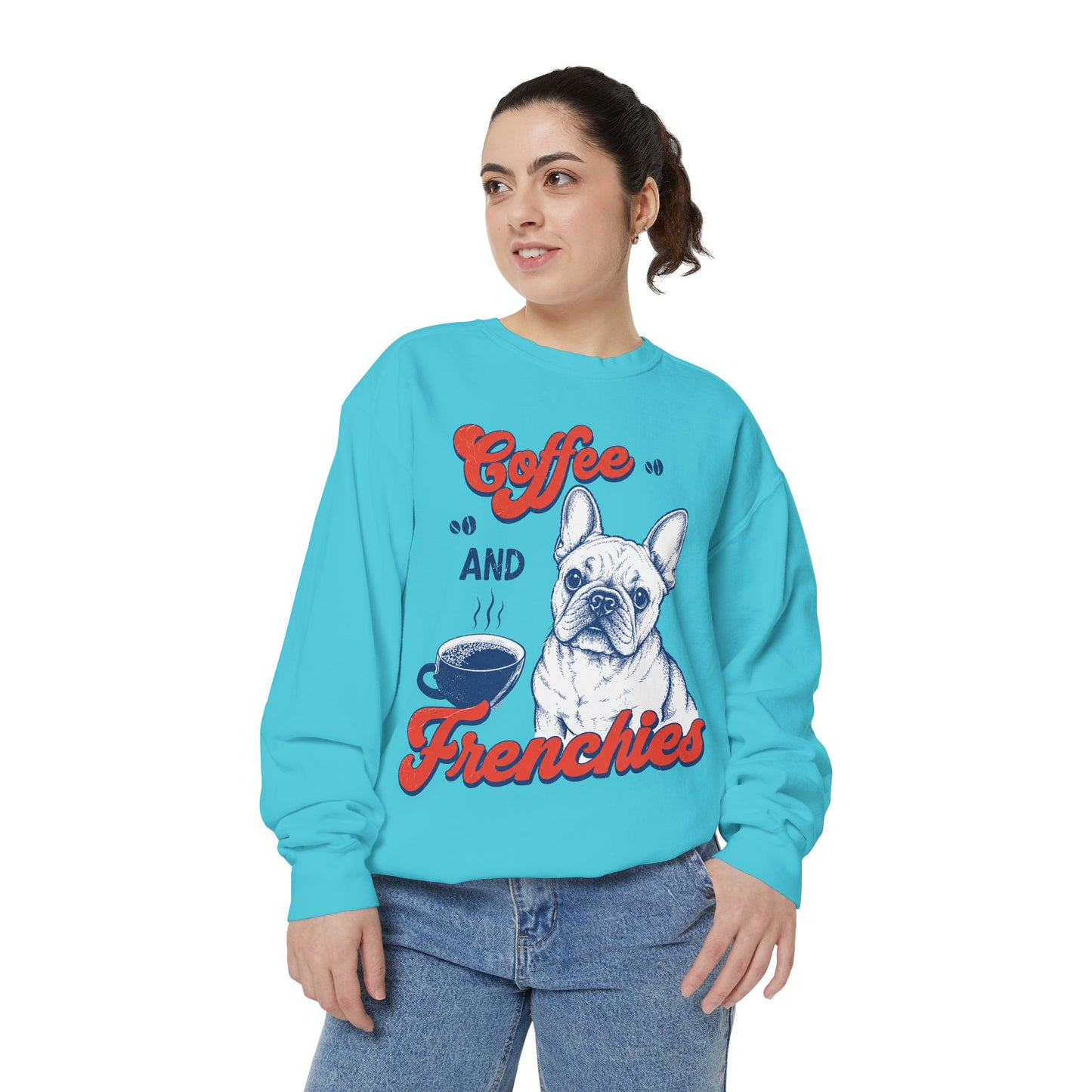 Coffee and Frenchies Sweatshirt, French Bulldog Coffee Crewneck, Frenchie Lover Pullover, Dog Mom Sweatshirt, Coffee Lover Gift, Cozy French Bulldog Sweatshirt