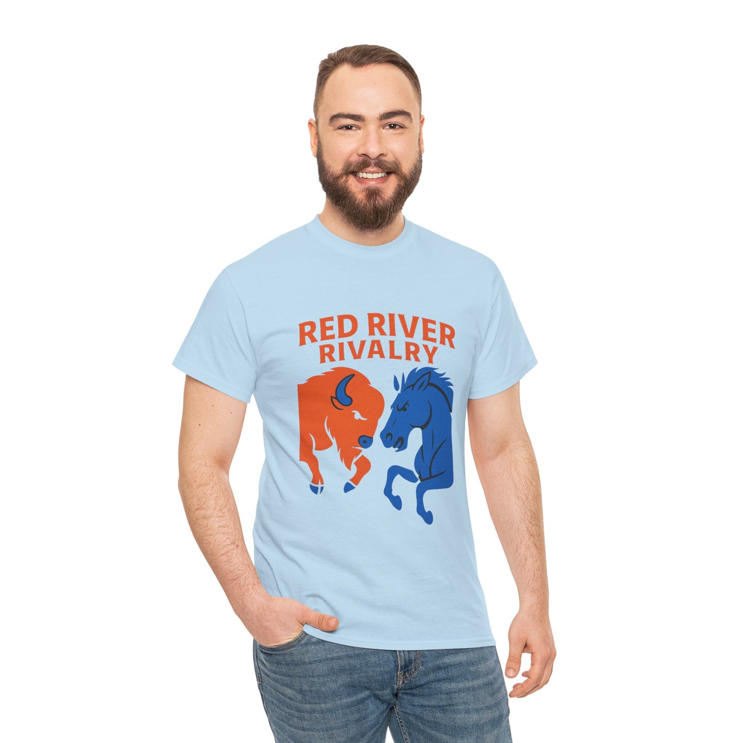 Red River Rivalry T-Shirt – Oklahoma vs Texas-Inspired Tee, Bison and Mustang Game Day Shirt, Blue and Orange Sports Rivalry Graphic
