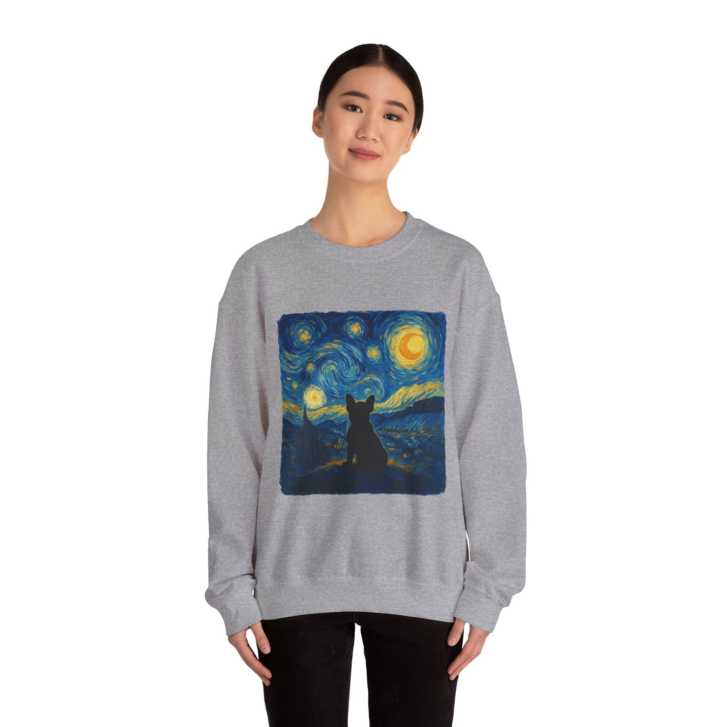 Starry Night Frenchie Sweatshirt – Van Gogh Inspired French Bulldog Art Crewneck, Cozy Dog Lover Gift, Retro Frenchie Sweater