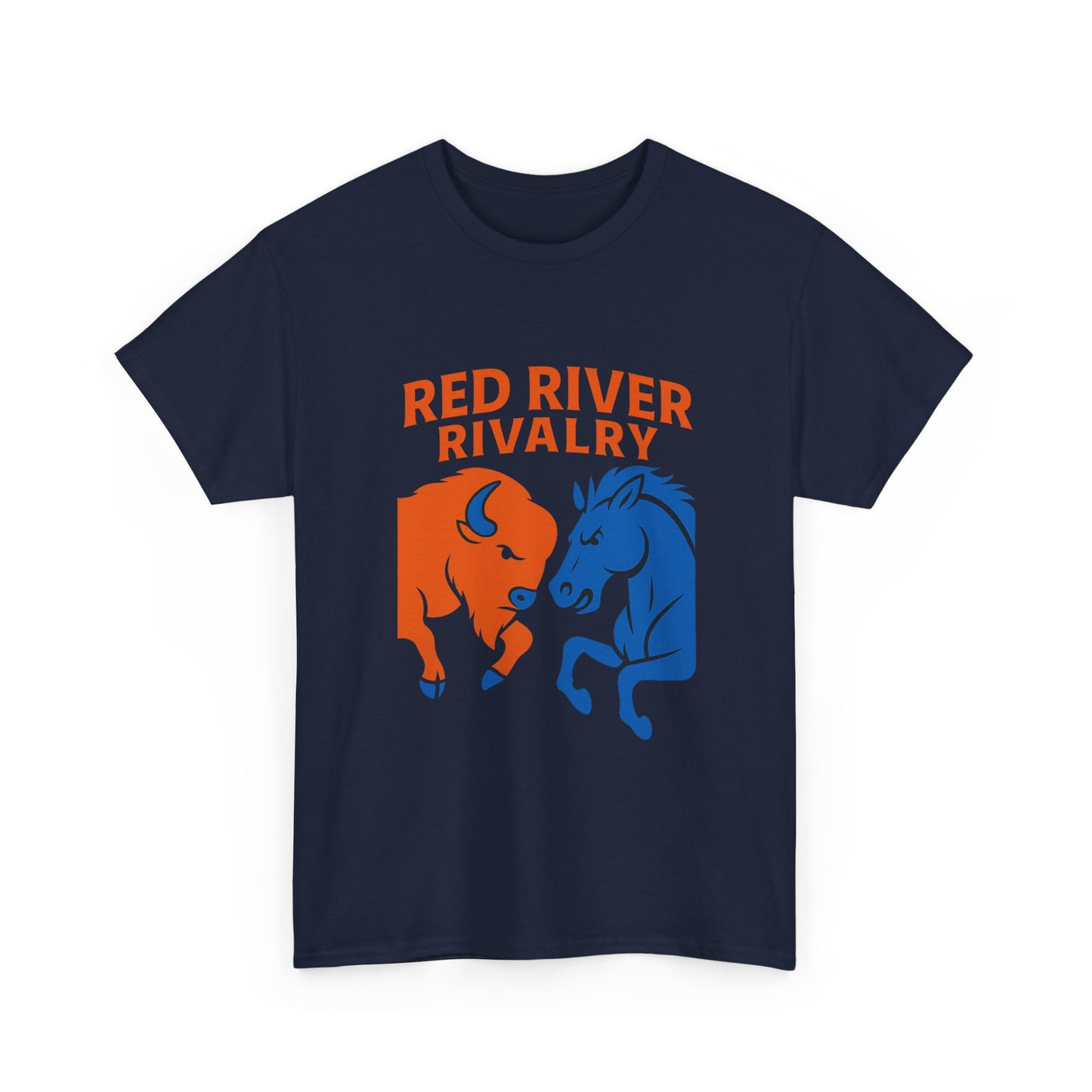 Red River Rivalry T-Shirt – Oklahoma vs Texas-Inspired Tee, Bison and Mustang Game Day Shirt, Blue and Orange Sports Rivalry Graphic