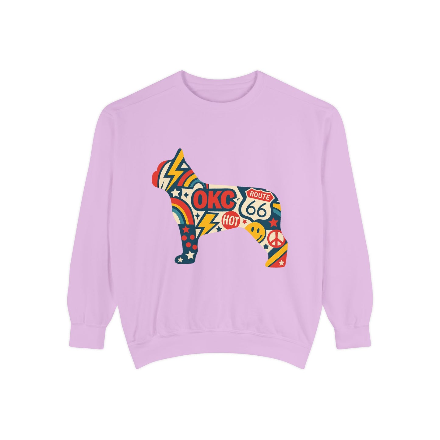 OKC Frenchie Route 66 Sweatshirt | Retro Oklahoma Pullover | Blue Orange Dog Lover Crewneck