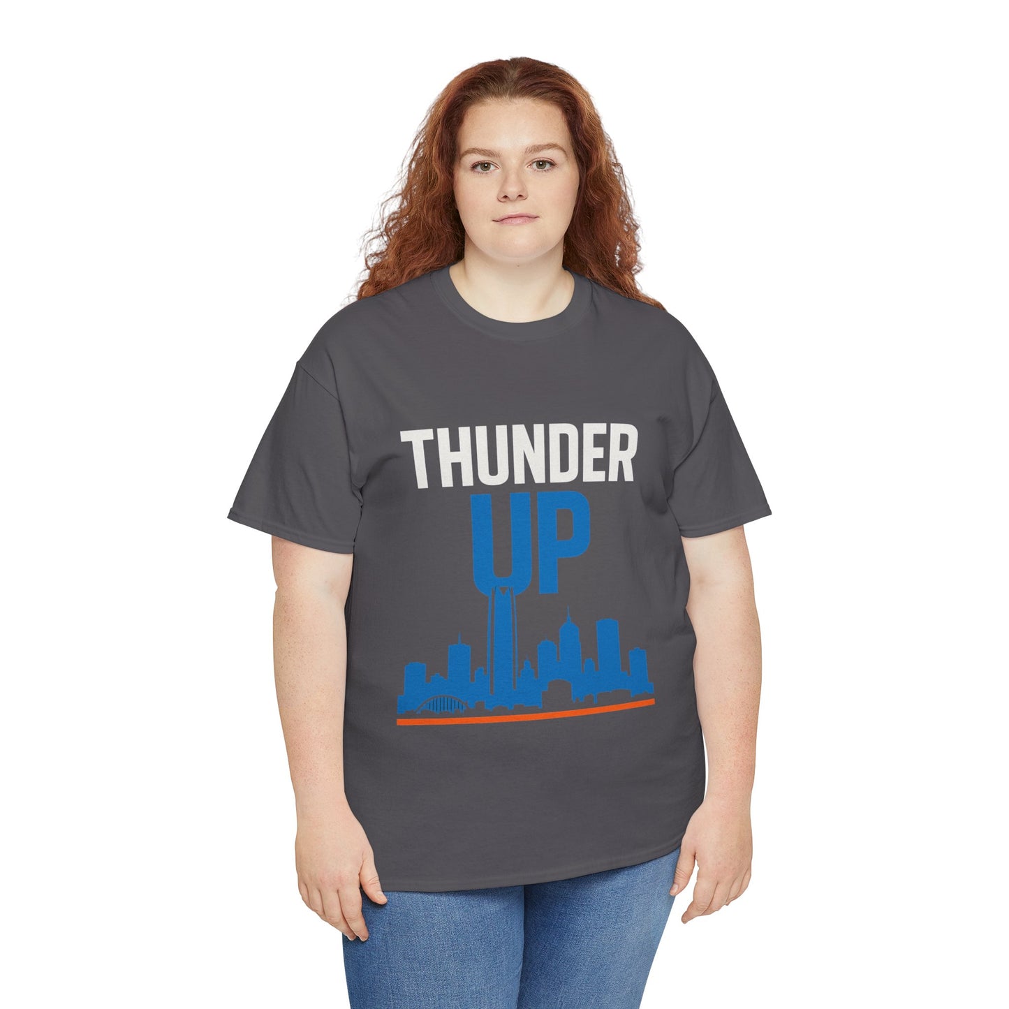 Thunder Up Oklahoma City Skyline Shirt – OKC Basketball Fan Tee, Blue & Orange City Skyline Graphic, Oklahoma Hoops Spirit Wear, Game Day T-Shirt