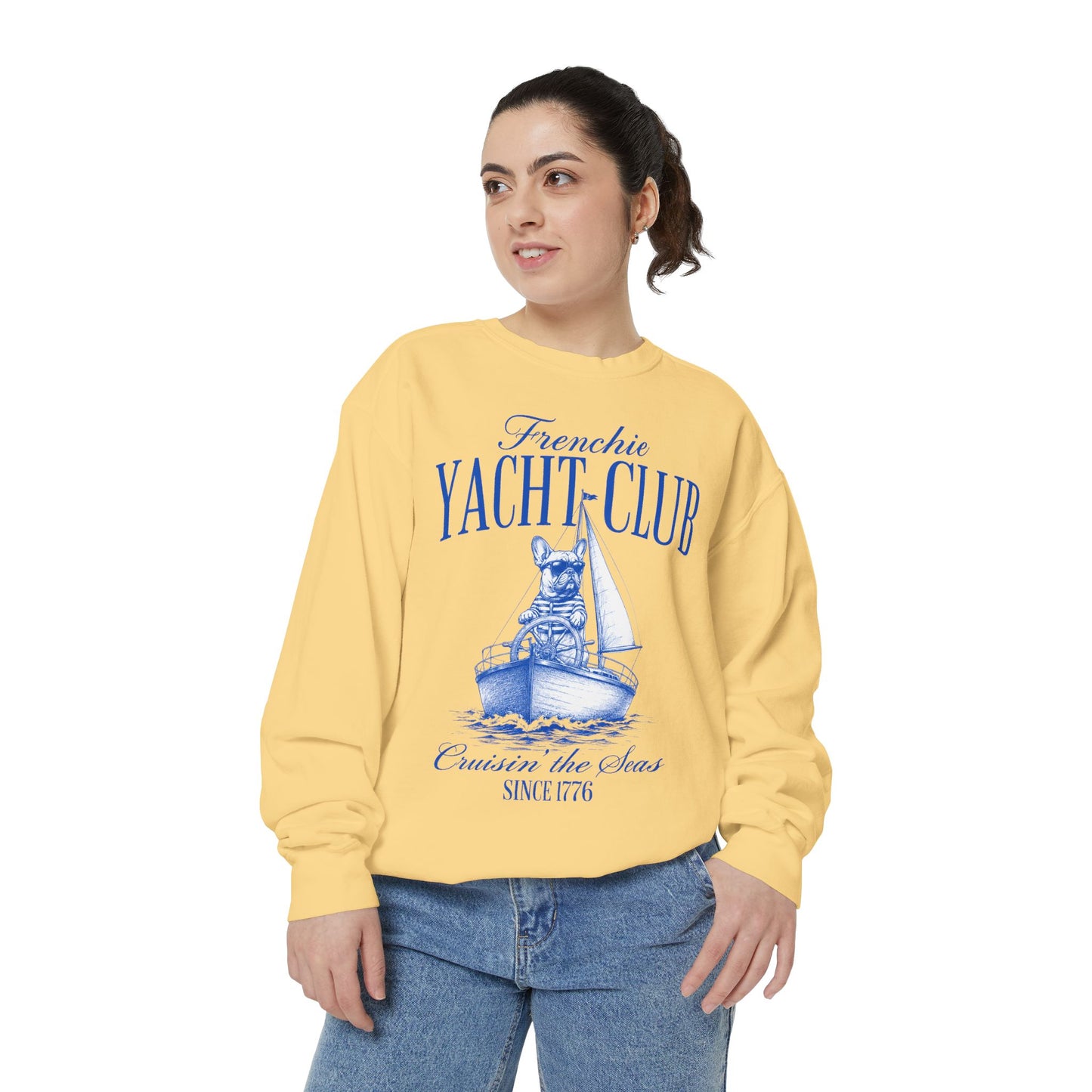Frenchie Yacht Club Sweatshirt, French Bulldog Nautical Crewneck, Coastal Dog Lover Sweatshirt, Sailing Frenchie Pullover, Beach Club French Bulldog Gift, Preppy Yacht Club Sweatshirt