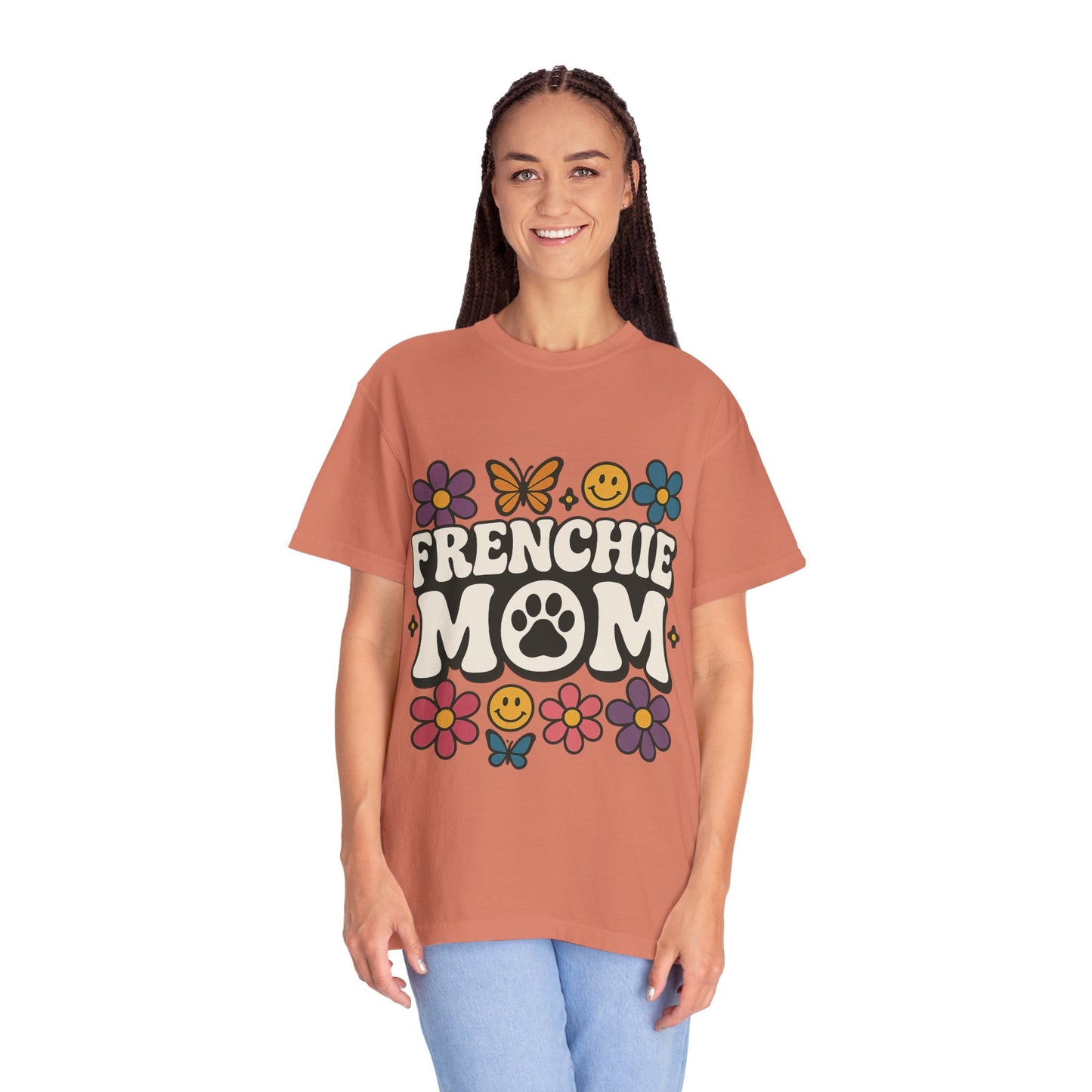 Frenchie Mom T-Shirt | Retro Groovy Dog Lover Tee | Smiley Flower French Bulldog Shirt | Cute Colorful Frenchie Gift for Her