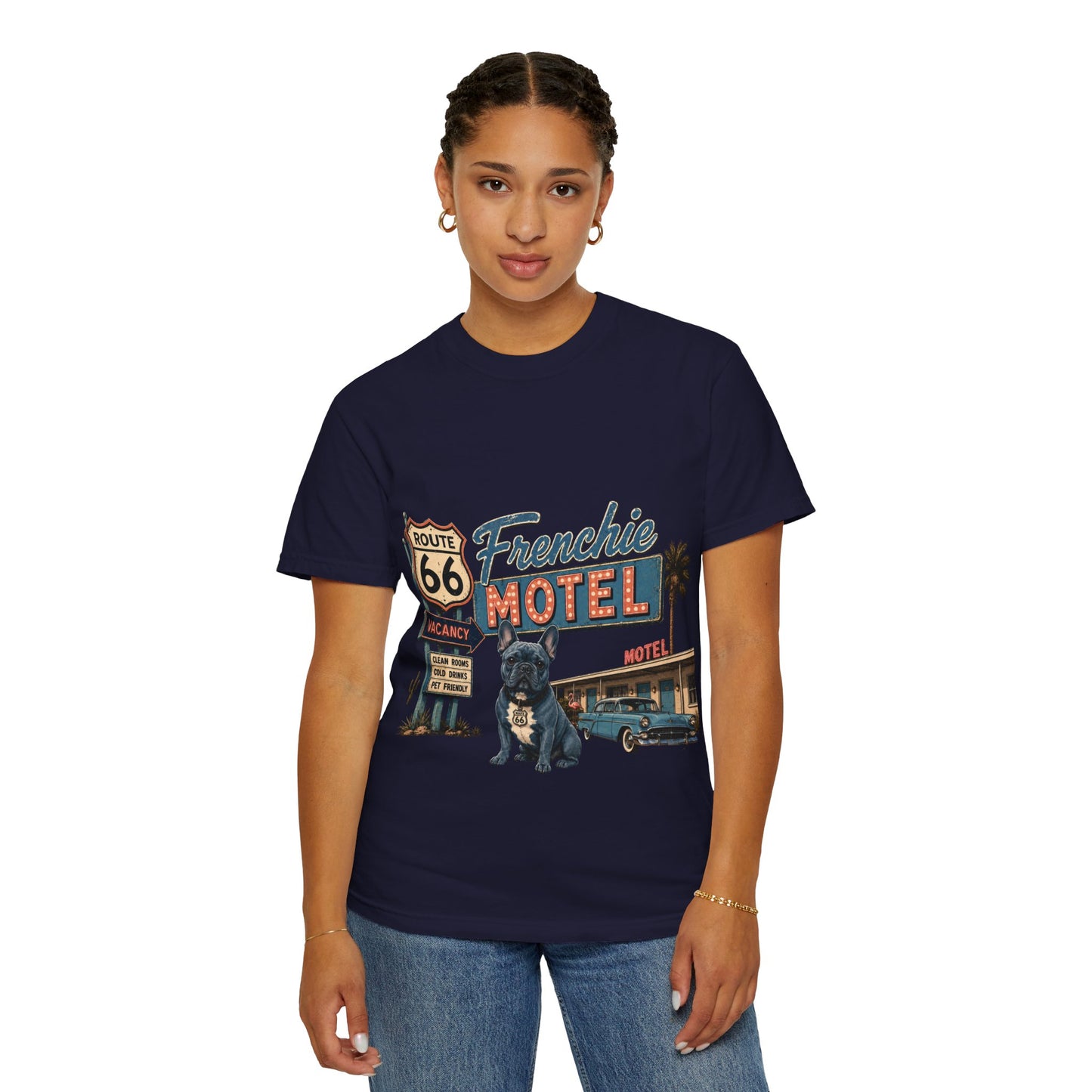 Route 66 Frenchie Motel Shirt, French Bulldog Retro Travel Tee, Vintage Road Trip Shirt, Dog Lover Graphic Tee, Route 66 Dog Shirt, Frenchie Motel T-Shirt, Retro Americana Gift