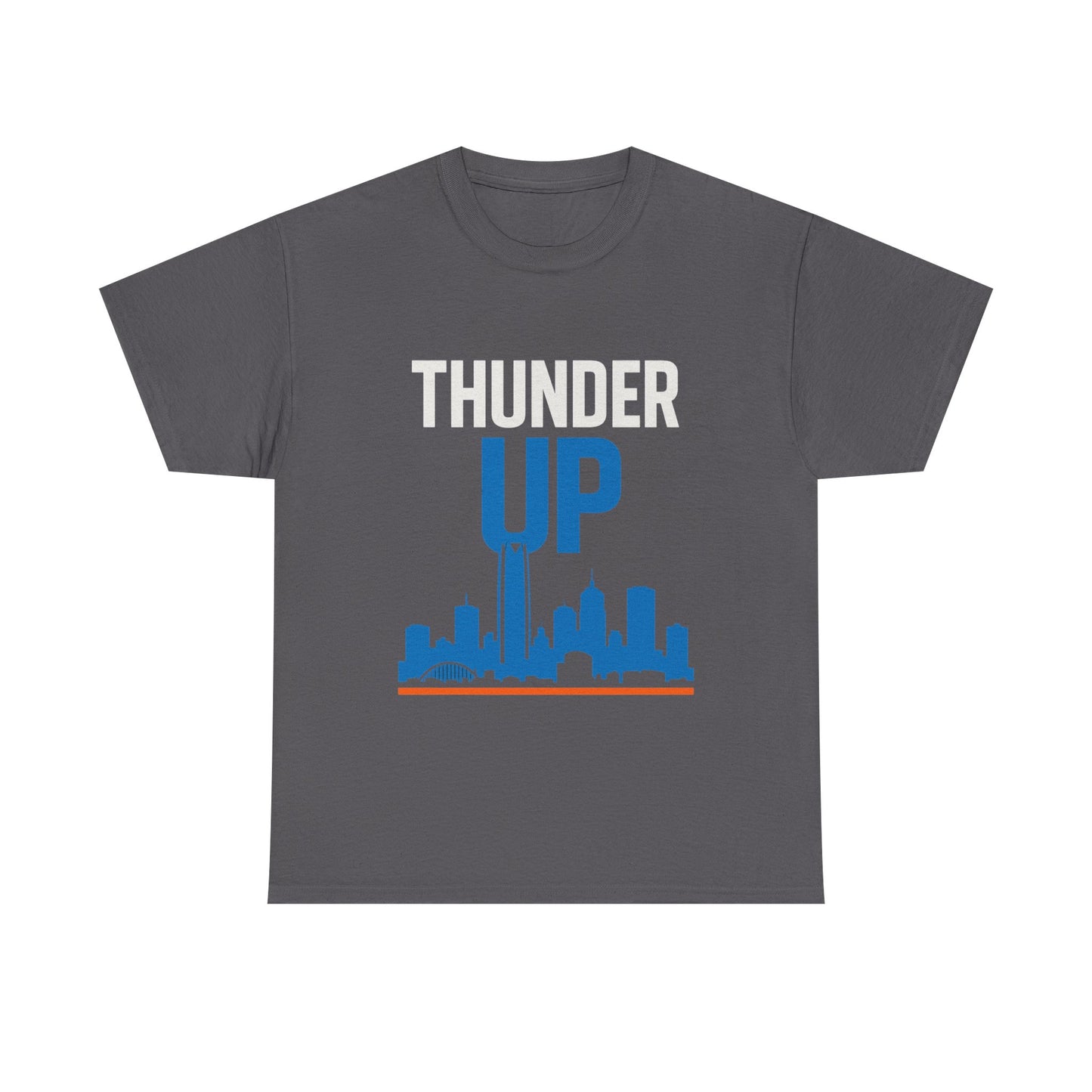 Thunder Up Oklahoma City Skyline Shirt – OKC Basketball Fan Tee, Blue & Orange City Skyline Graphic, Oklahoma Hoops Spirit Wear, Game Day T-Shirt