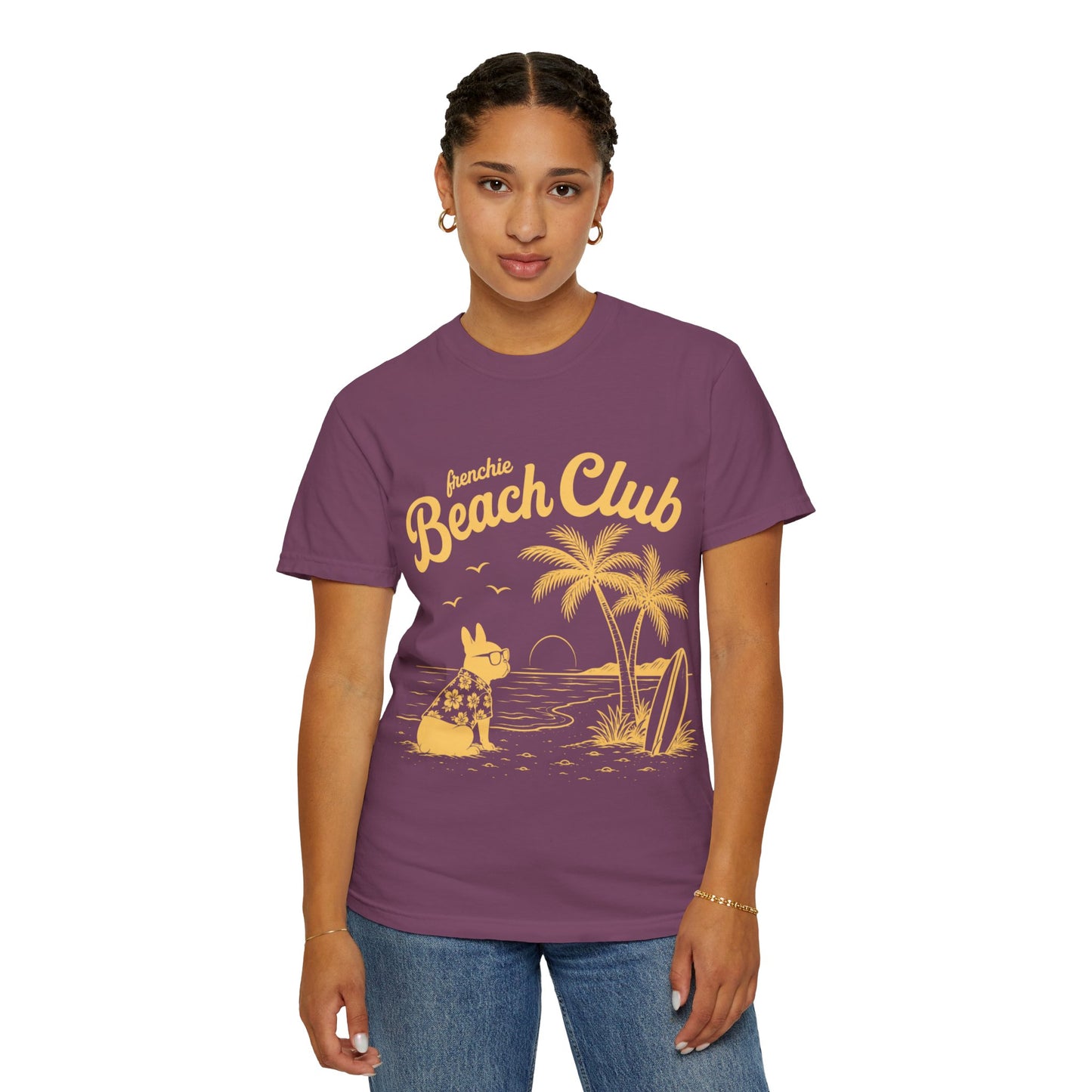 Frenchie Beach Club T-Shirt — Cute French Bulldog Surfing Palm Beach Tee