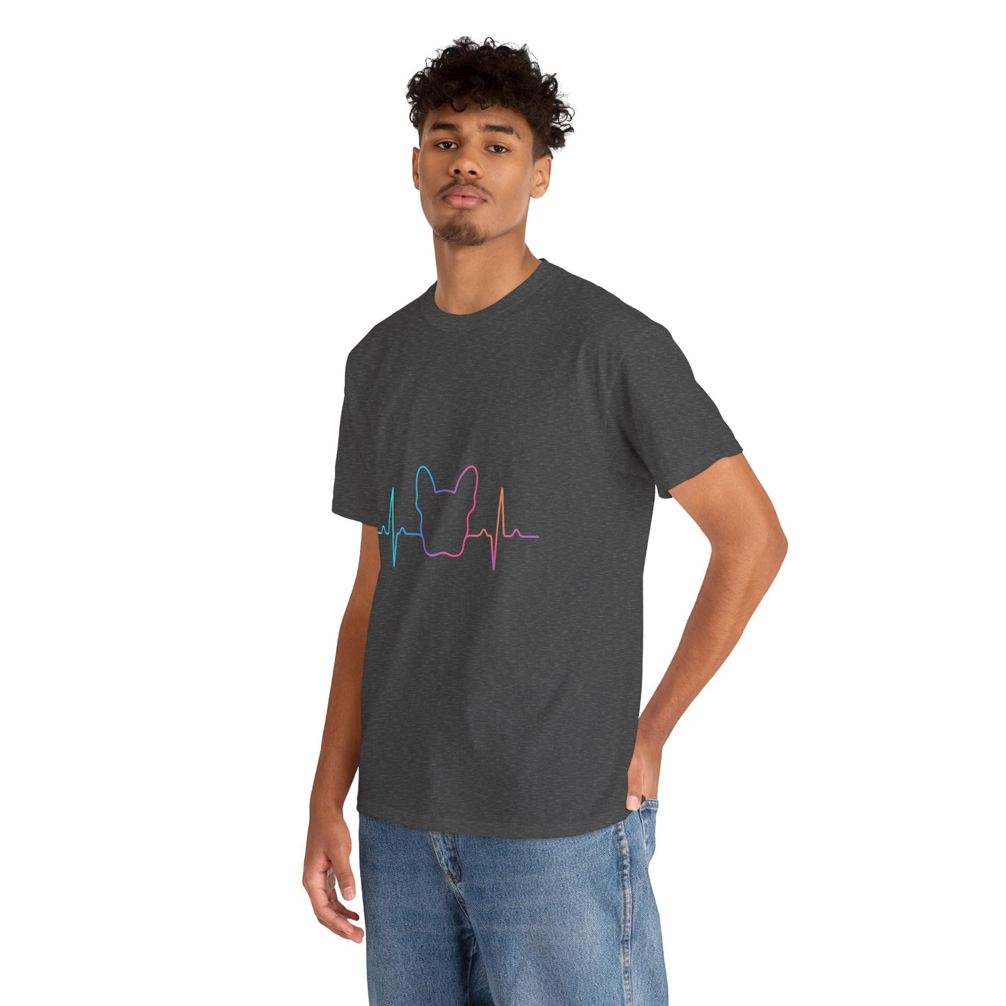 Rainbow Frenchie Heartbeat T-Shirt – Minimalist French Bulldog Line Art Tee, Neon Dog Lover Gift, Pet Mom or Dad Shirt