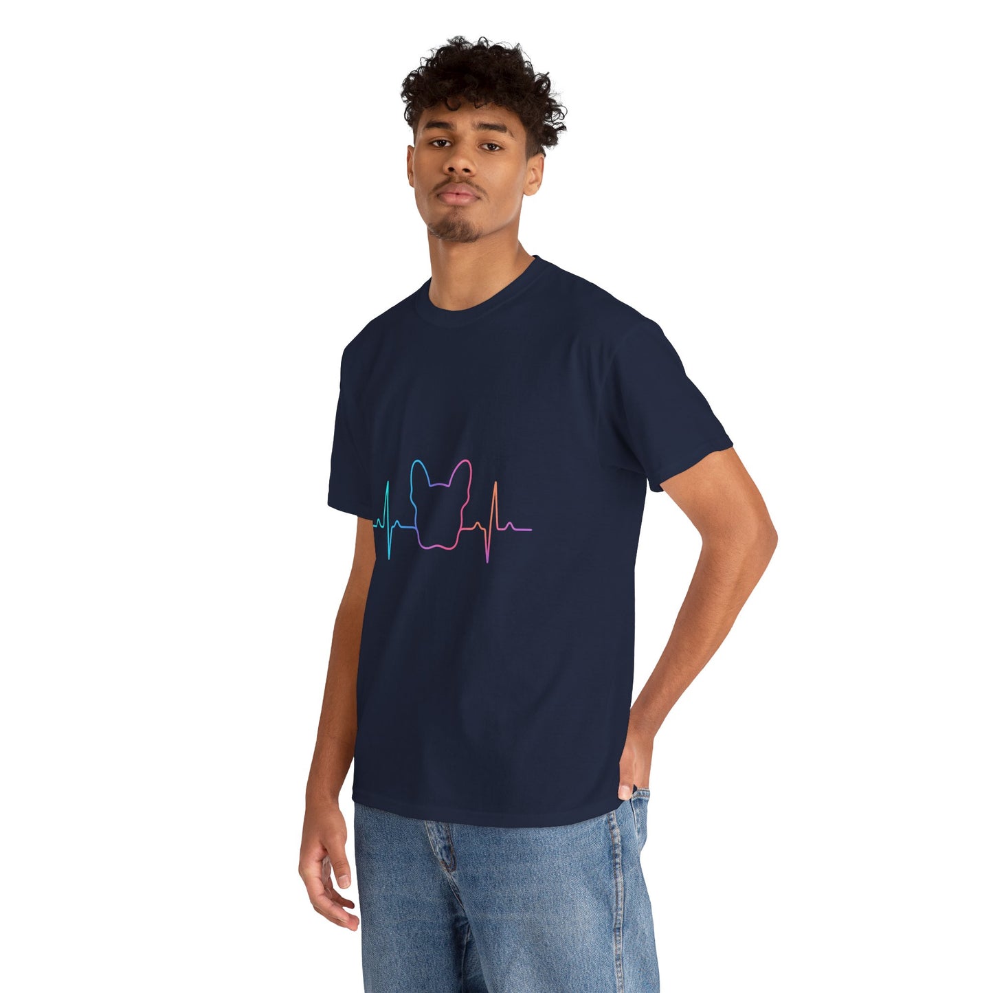 Rainbow Frenchie Heartbeat T-Shirt – Minimalist French Bulldog Line Art Tee, Neon Dog Lover Gift, Pet Mom or Dad Shirt