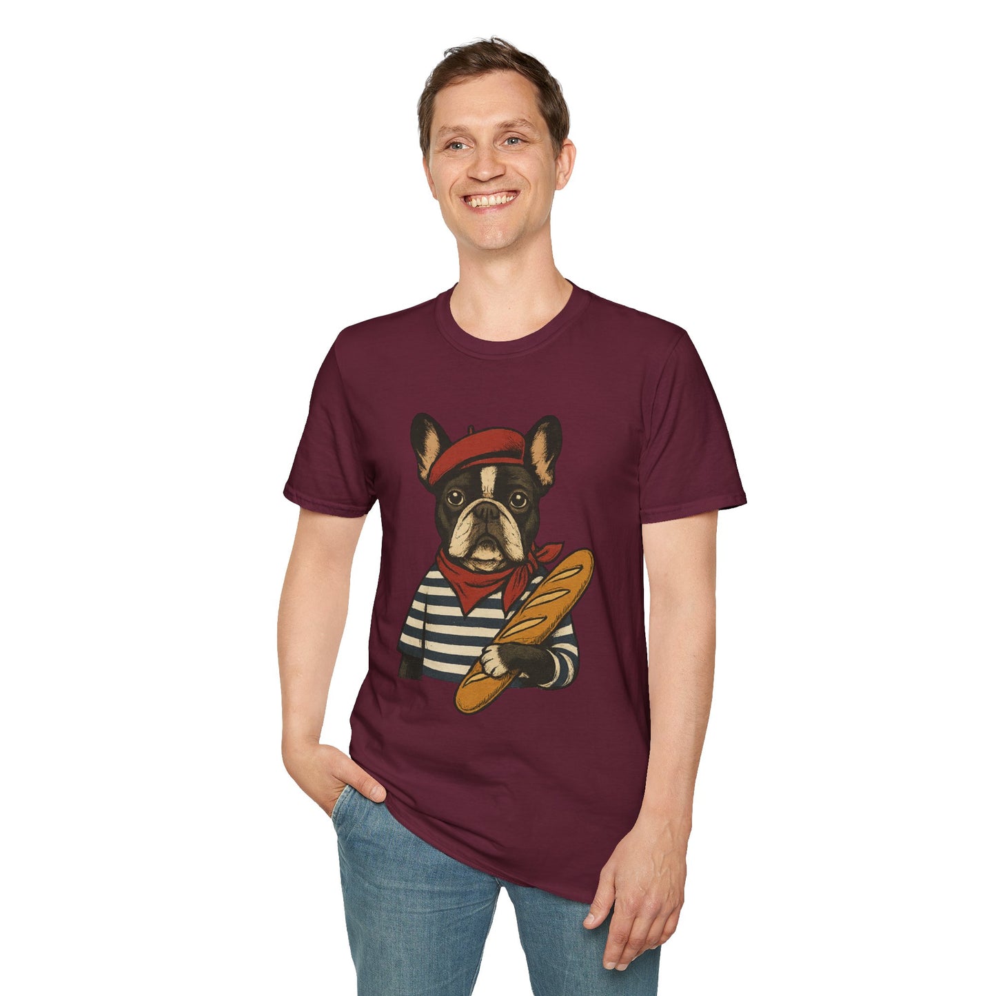French Bulldog Parisian T-Shirt – Cute Frenchie in Beret & Stripes with Baguette – Funny Dog Lover Tee, French Style Dog Shirt, Gift for Frenchie Moms