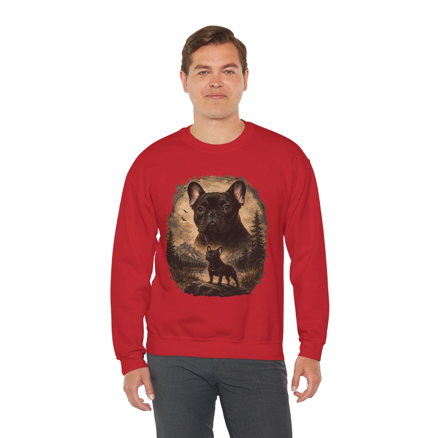 Black French Bulldog Sweatshirt, Rustic Frenchie Crewneck, Vintage Nature French Bulldog Sweatshirt, Dog Lover Gift, Black Frenchie Pullover, Camping Sweatshirt, Cozy Dog Apparel