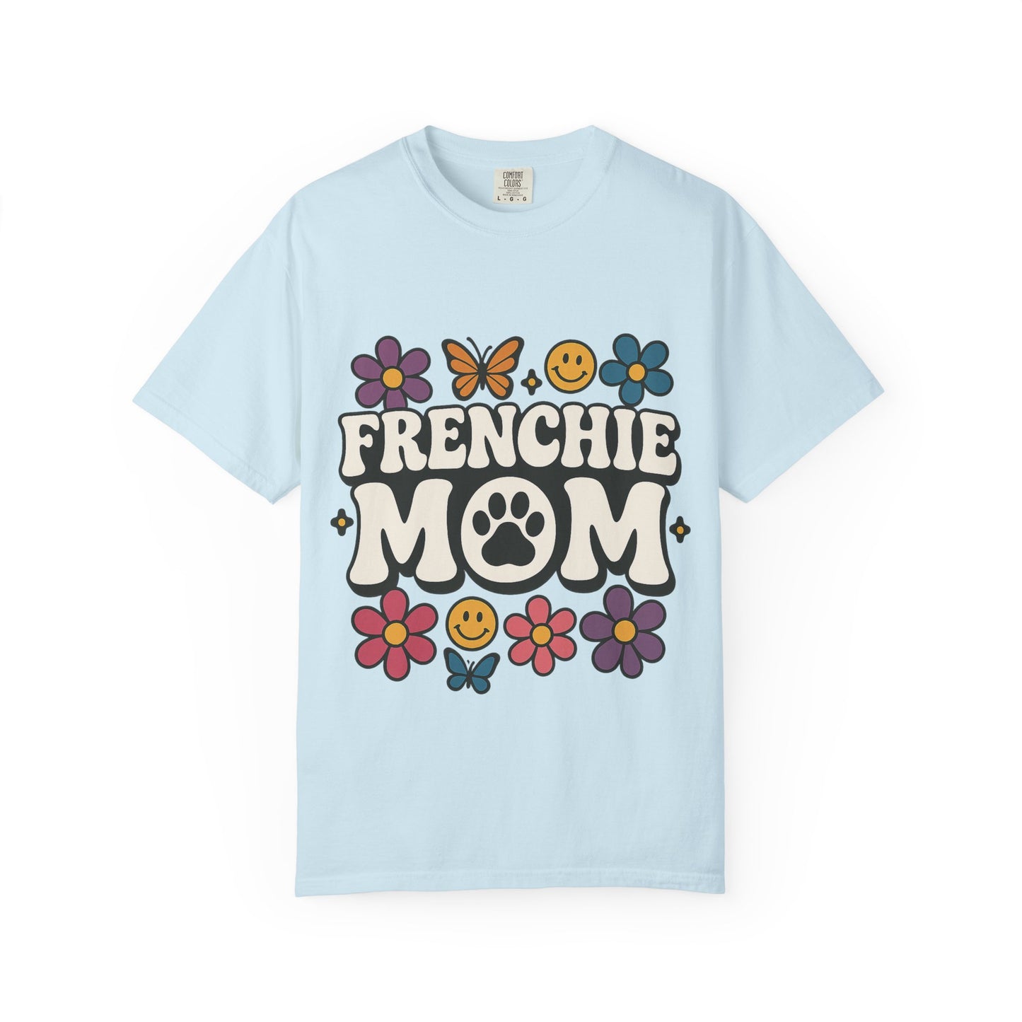 Frenchie Mom T-Shirt | Retro Groovy Dog Lover Tee | Smiley Flower French Bulldog Shirt | Cute Colorful Frenchie Gift for Her