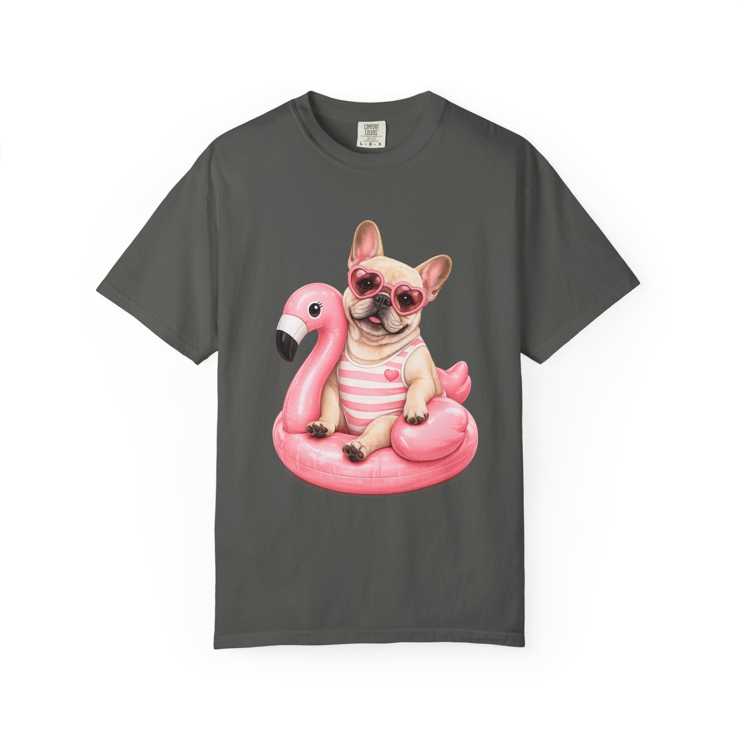 French Bulldog on Pink Flamingo Float T-Shirt — Cute Summer Dog Tee