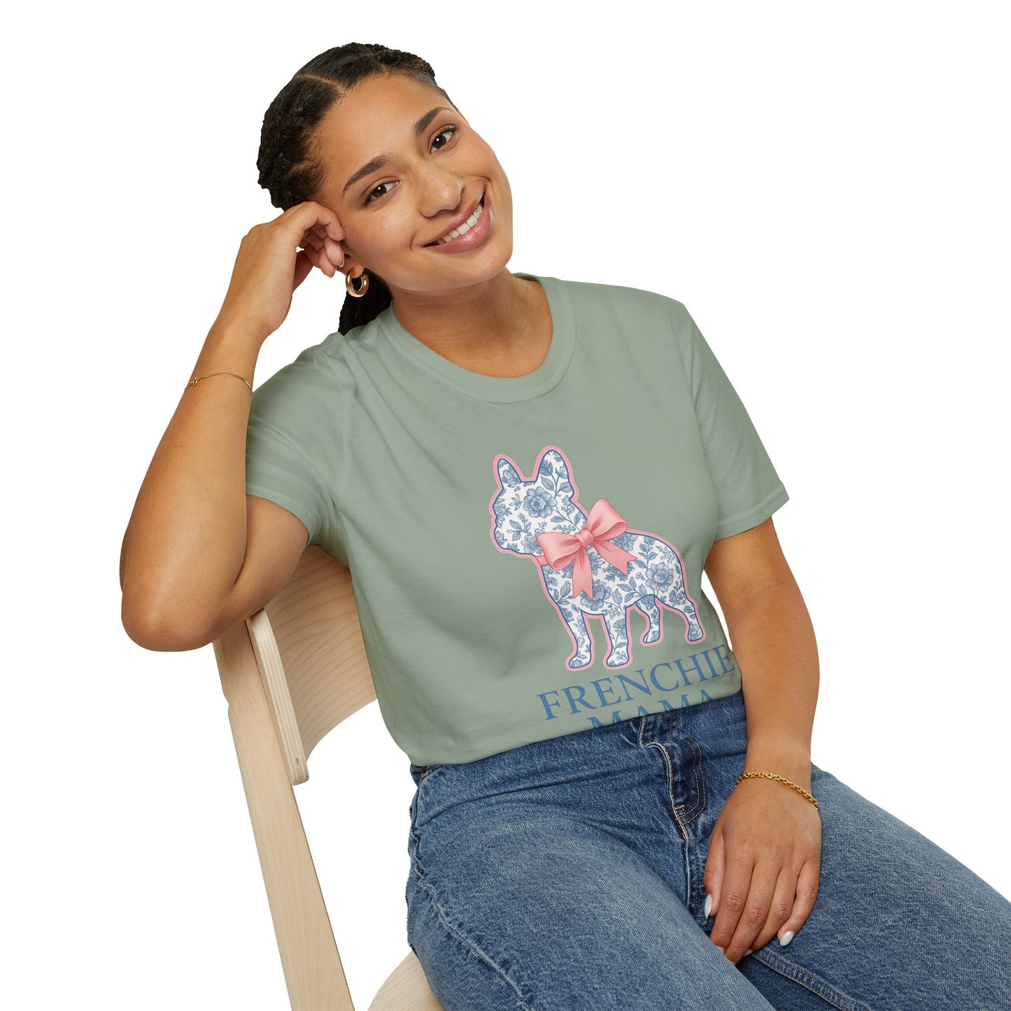 Frenchie Mama Shirt – Floral French Bulldog Silhouette Tee with Pink Bow, Dog Mom Gift, Cute Frenchie Lover T-Shirt, Pastel Dog Mom Apparel