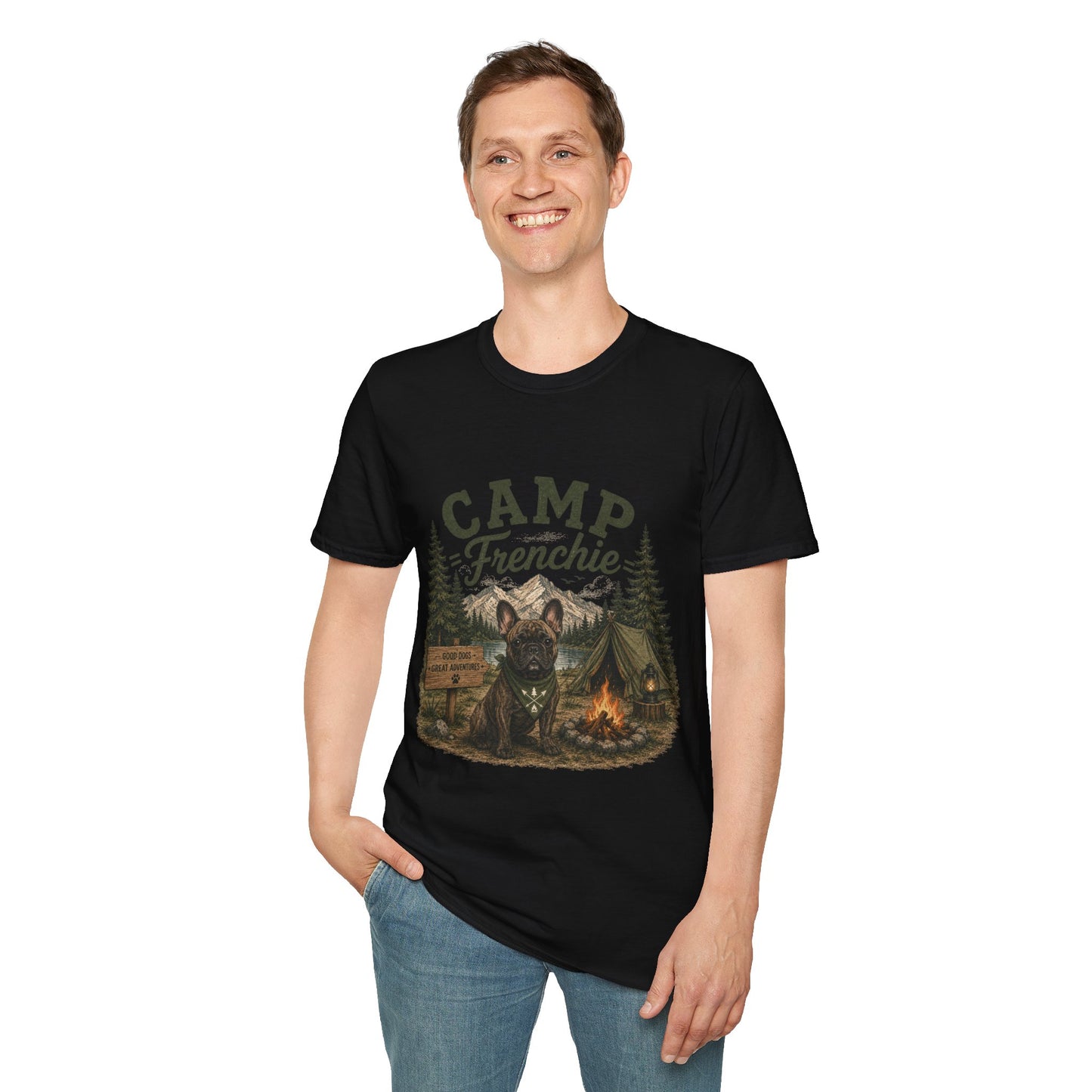 Camp Frenchie Shirt, French Bulldog Camping Shirt, Frenchie Outdoor Tee, Dog Camping Shirt, Adventure Dog Lover Gift, Campfire French Bulldog T-Shirt, Nature Graphic Tee