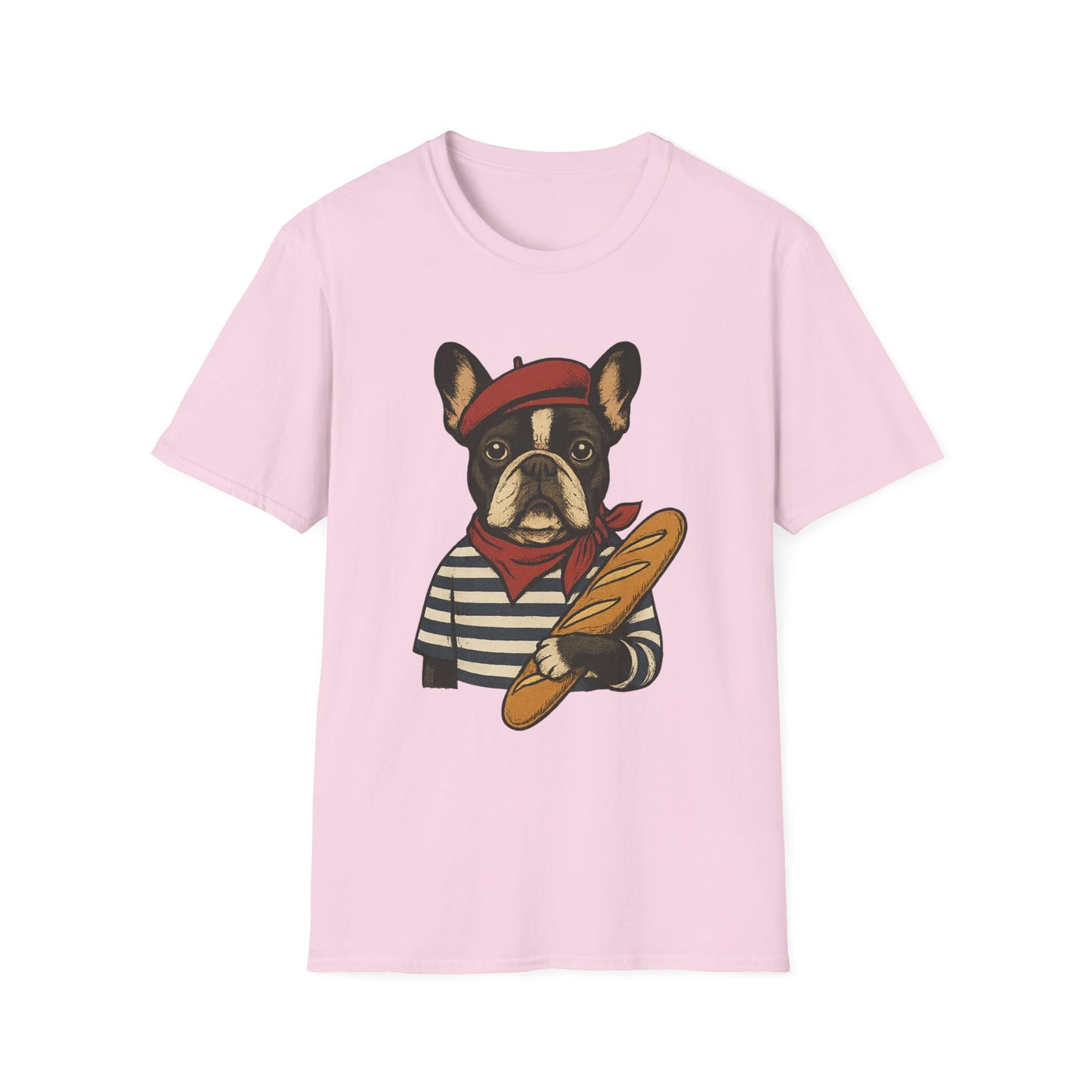 French Bulldog Parisian T-Shirt – Cute Frenchie in Beret & Stripes with Baguette – Funny Dog Lover Tee, French Style Dog Shirt, Gift for Frenchie Moms