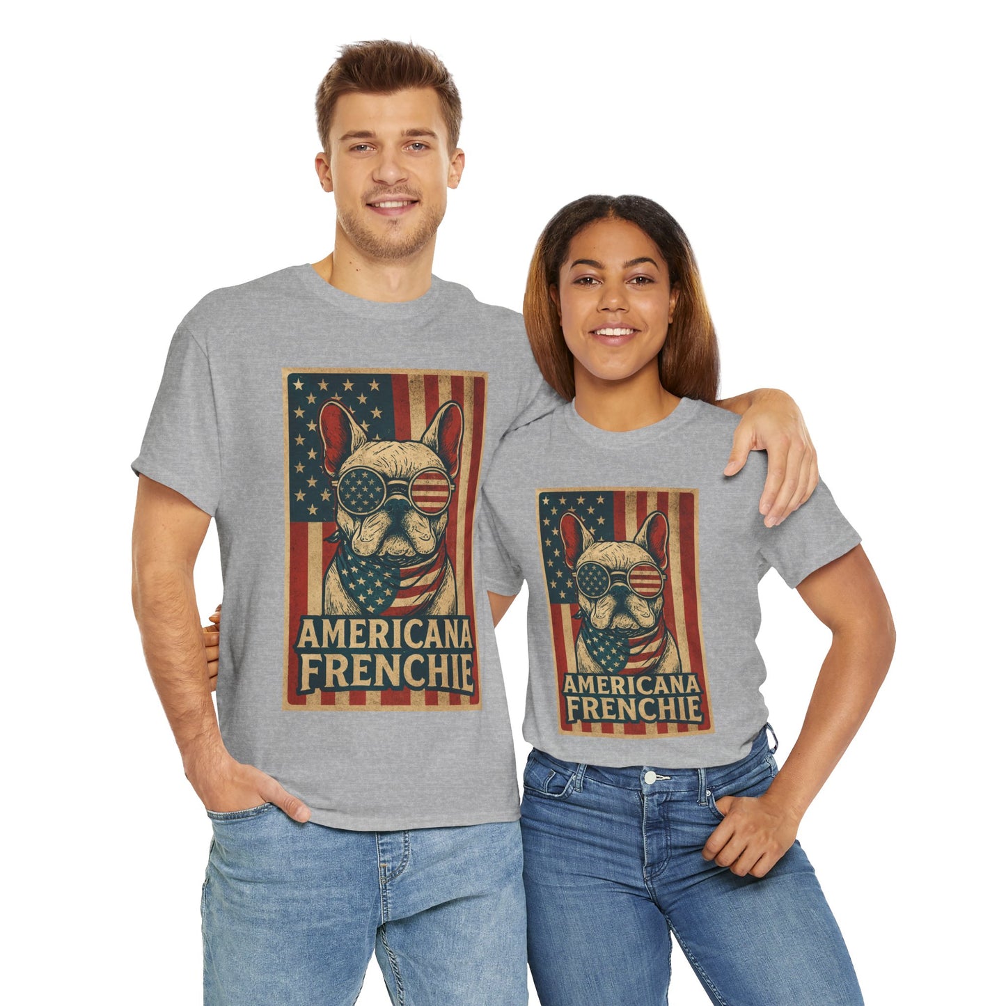 Americana Frenchie T-Shirt – Patriotic French Bulldog Tee, USA Flag Dog Shirt, 4th of July Frenchie Gift, Vintage Retro Style