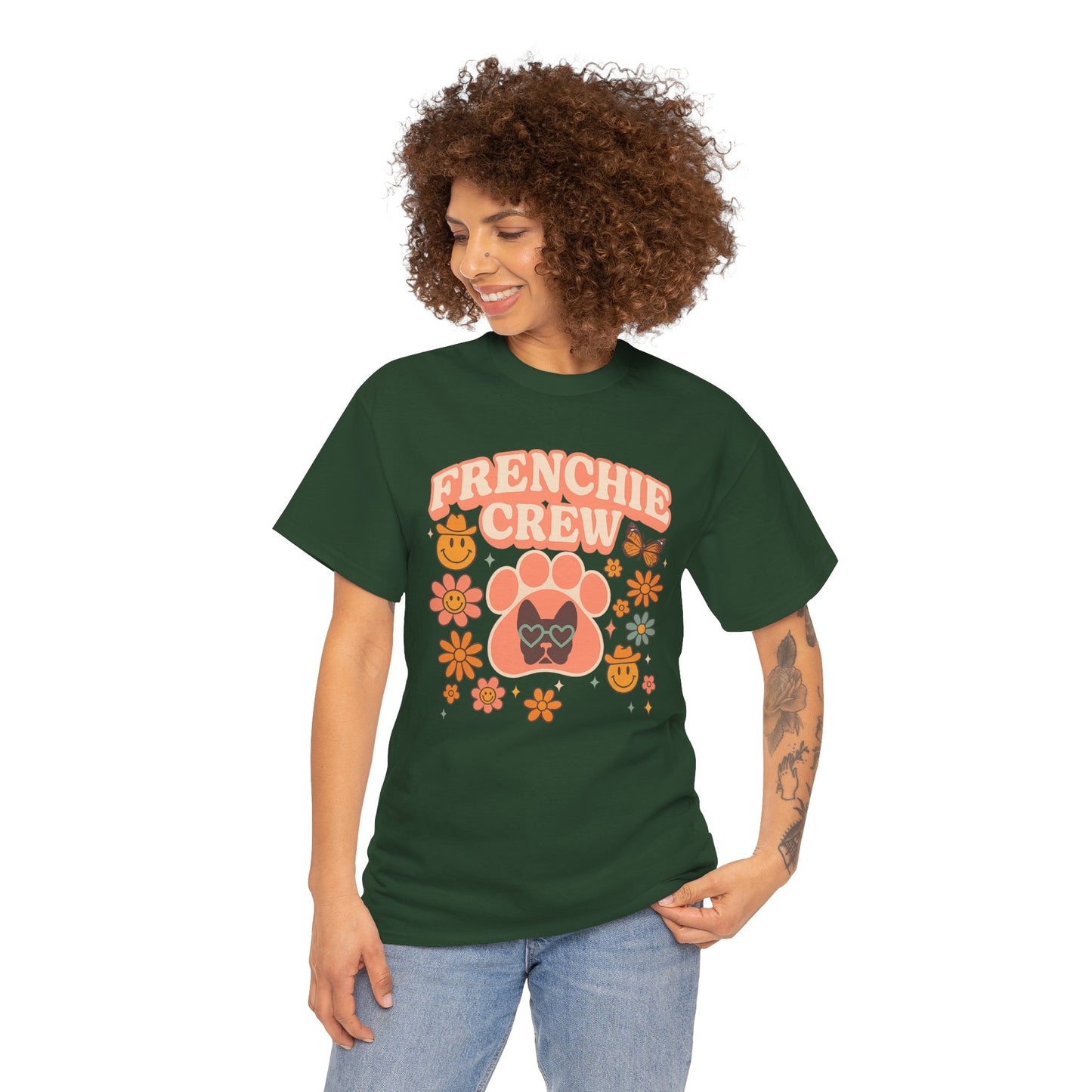 Frenchie Crew T-Shirt | Retro 70s Floral French Bulldog Tee | Groovy Dog Mom Shirt | Frenchie Lover Gift | Vintage Aesthetic Graphic Tee