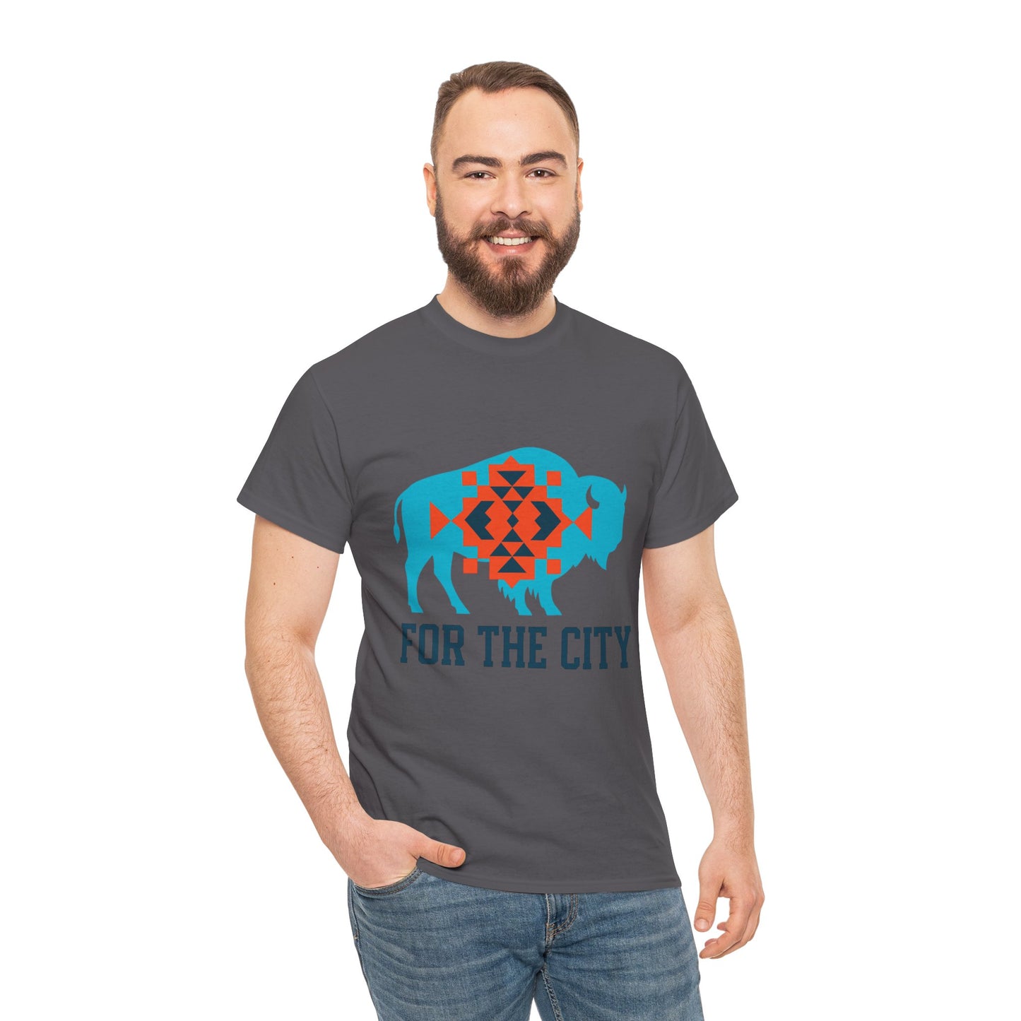 For The City Tribal Bison T-Shirt | Oklahoma Pride Tee | Blue & Orange Southwestern Bison Graphic | OKC Fan Inspired Shirt | Local Oklahoma Gift