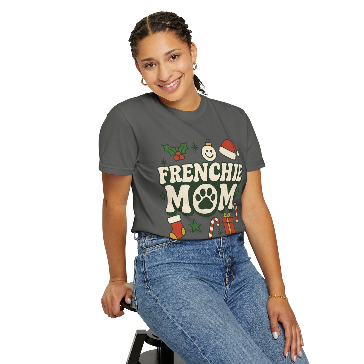 Merry Frenchie Mom T-Shirt | Christmas Dog Mom Tee | Festive French Bulldog Top | Cute Holiday Dog Lover Gift Shirt