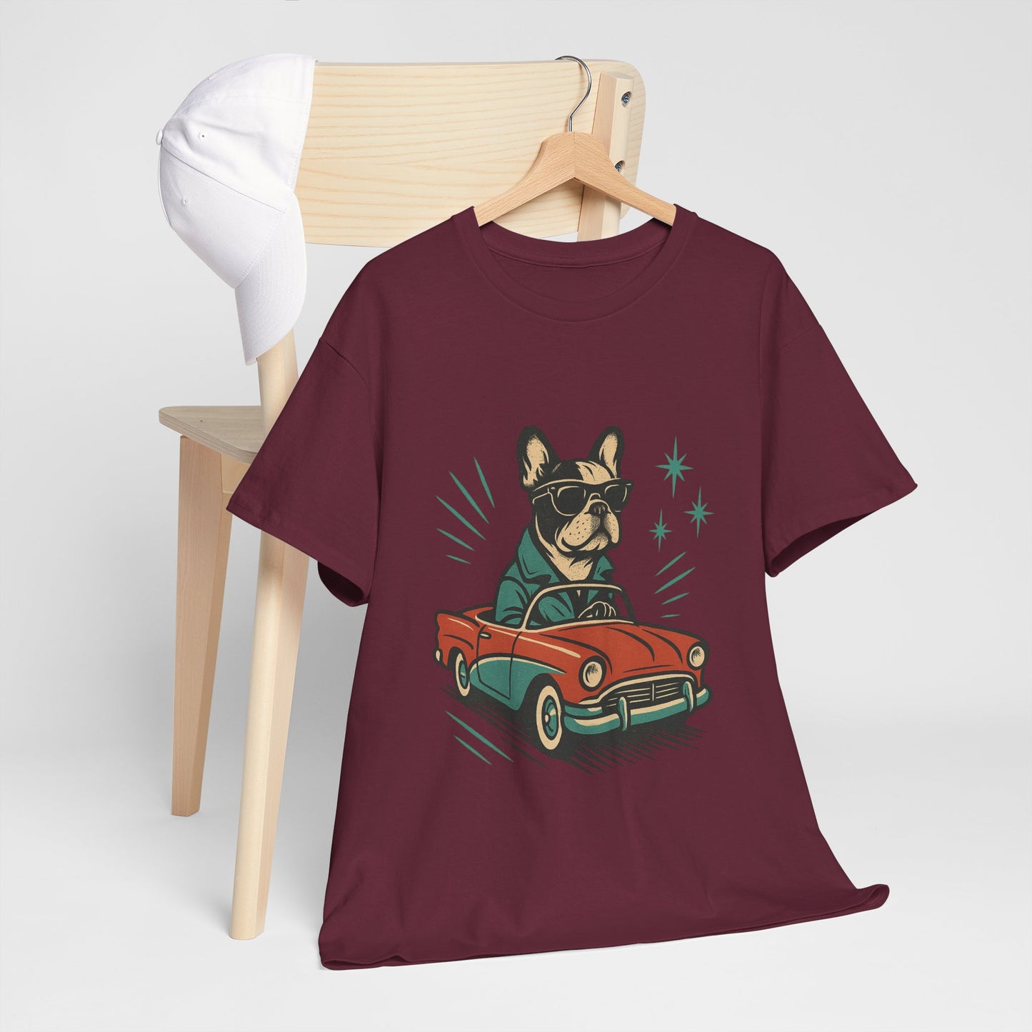 Rockabilly Frenchie T-Shirt | Retro French Bulldog Driving Tee | Vintage Car Dog Lover Shirt | Cool 50s Style Frenchie Graphic Tee