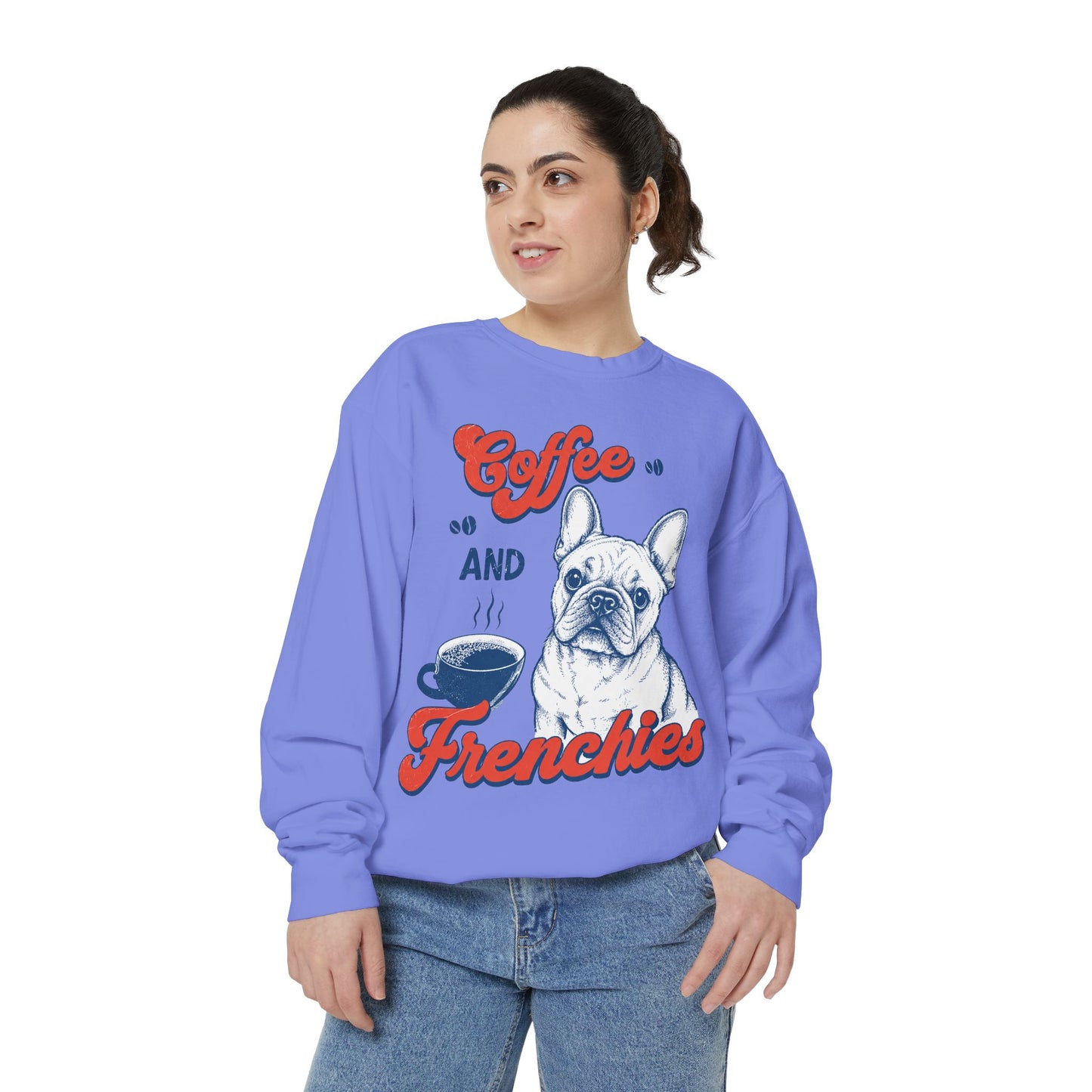 Coffee and Frenchies Sweatshirt, French Bulldog Coffee Crewneck, Frenchie Lover Pullover, Dog Mom Sweatshirt, Coffee Lover Gift, Cozy French Bulldog Sweatshirt