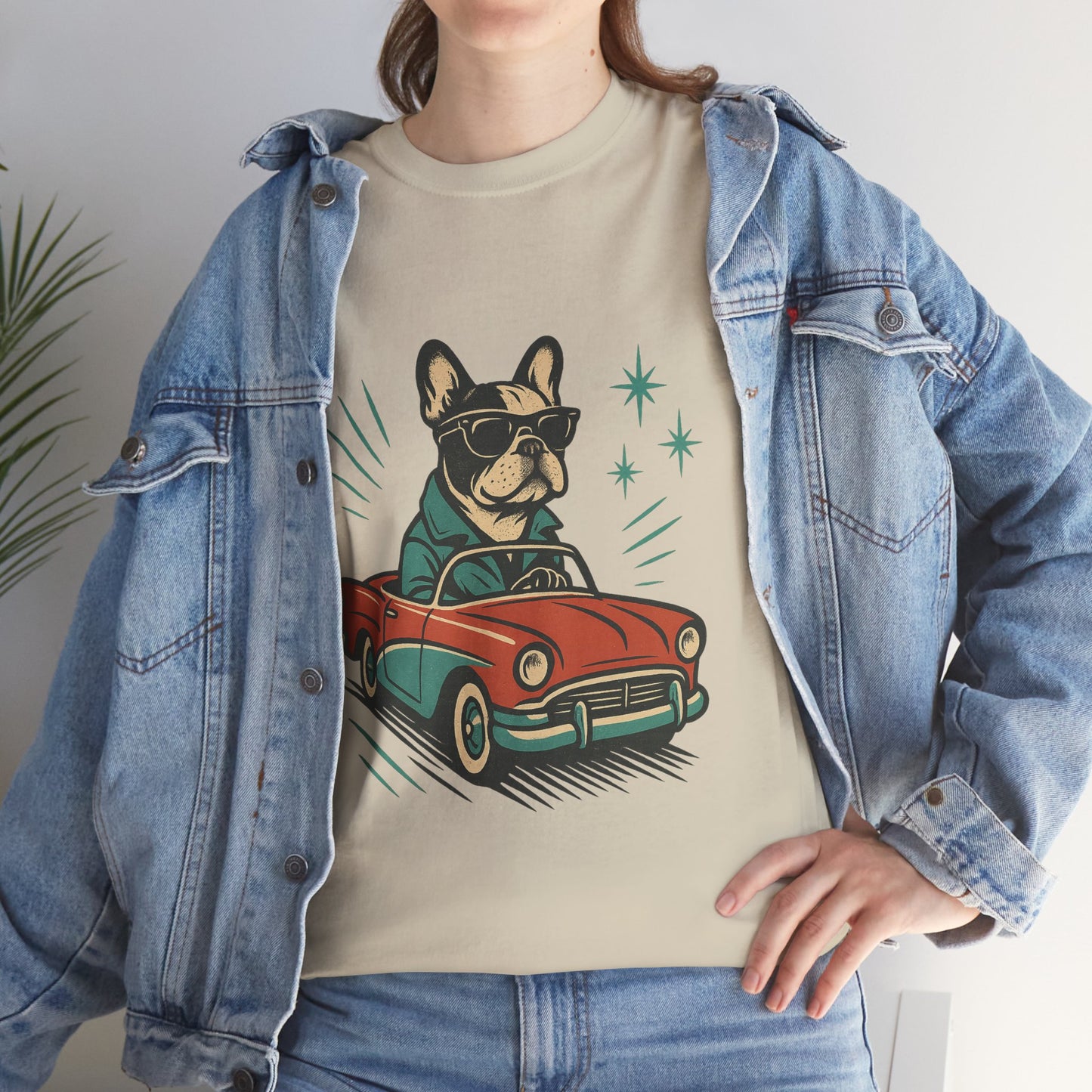 Rockabilly Frenchie T-Shirt | Retro French Bulldog Driving Tee | Vintage Car Dog Lover Shirt | Cool 50s Style Frenchie Graphic Tee