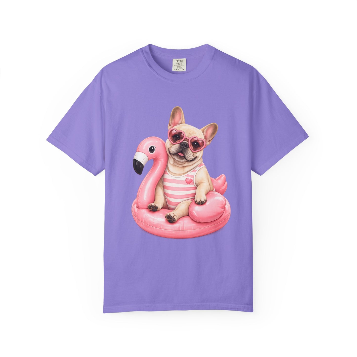 French Bulldog on Pink Flamingo Float T-Shirt — Cute Summer Dog Tee