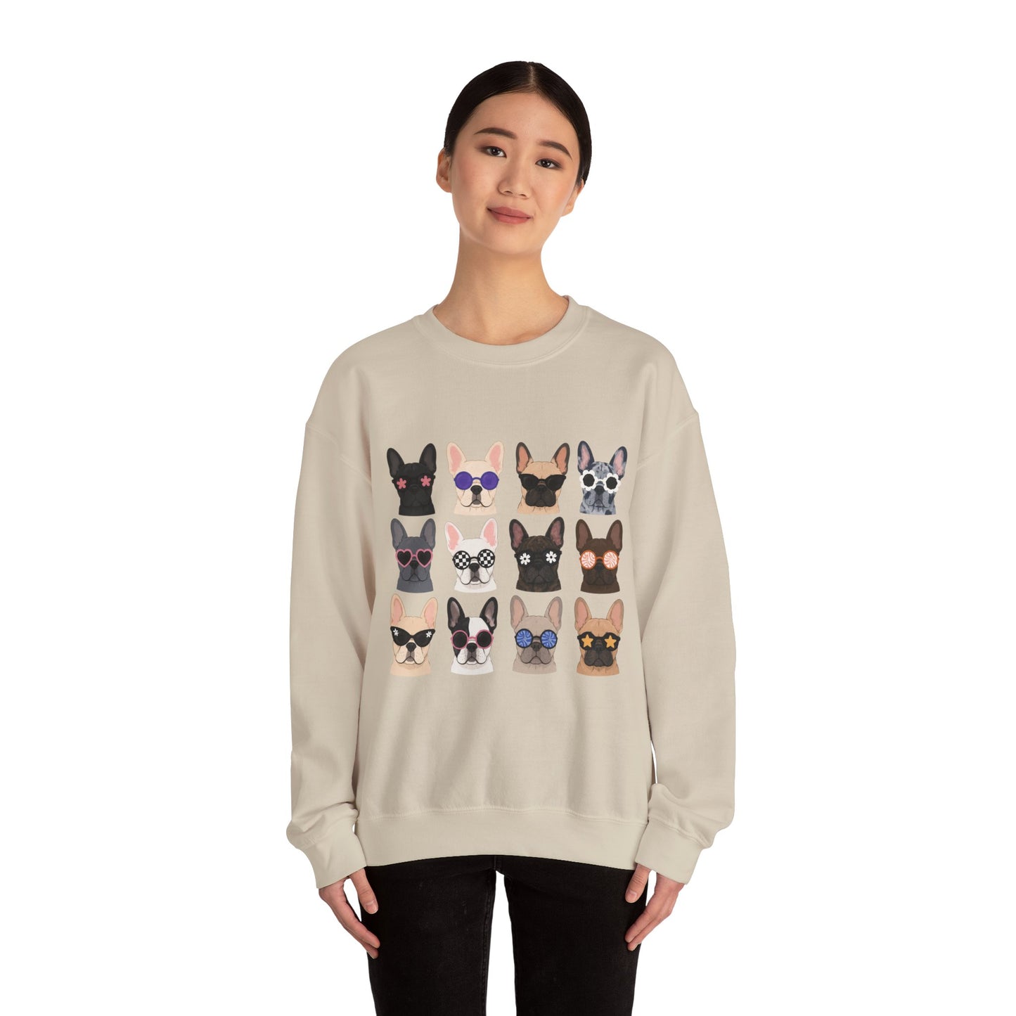 French Bulldog Faces Crewneck Sweatshirt – Cute Sunglasses Dogs Graphic