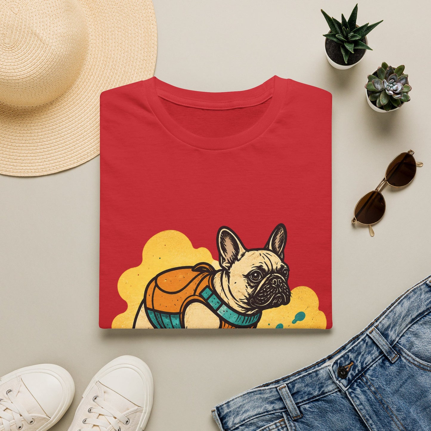 French Bulldog Surf T‑Shirt — Cute Dog with Backpack Beach Tee