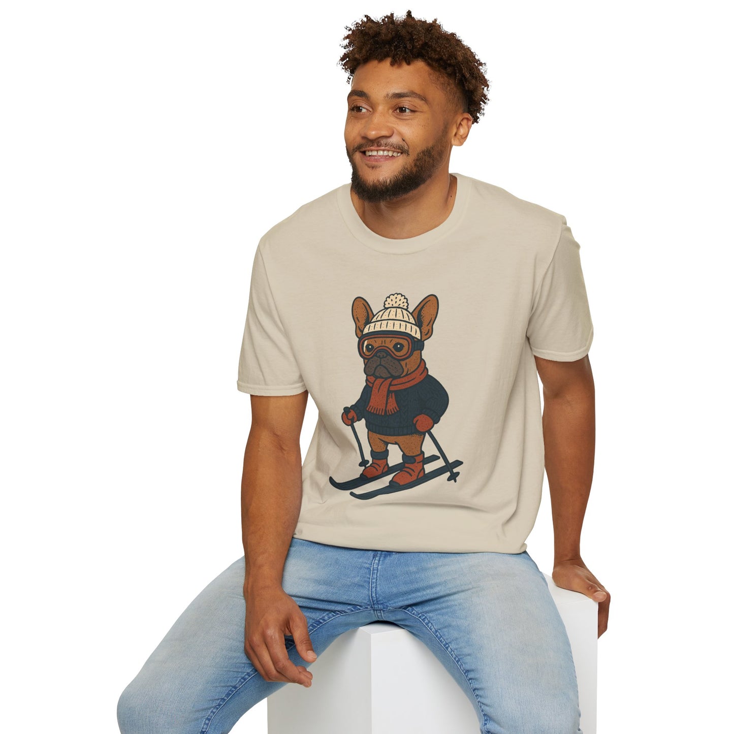 French Bulldog Skiing T-Shirt, Winter Frenchie Shirt, Ski Dog Graphic Tee, Cute Snow Dog Gift, Funny Frenchie Lover Shirt, Skiing Pup Tee