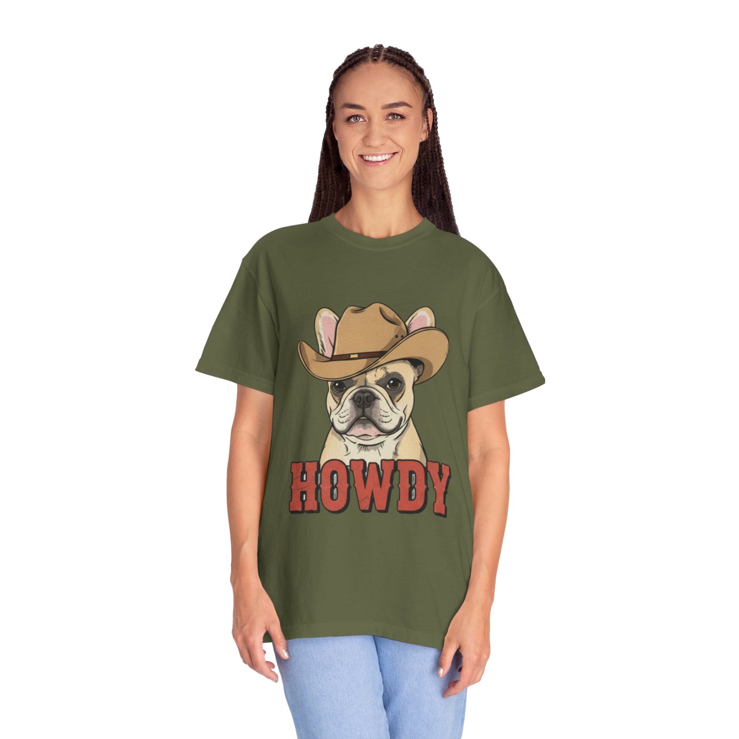 Howdy French Bulldog Cowboy T-Shirt | Western Frenchie Graphic Tee | Cute Dog Lover Country Shirt | Funny Gift for Him or Her