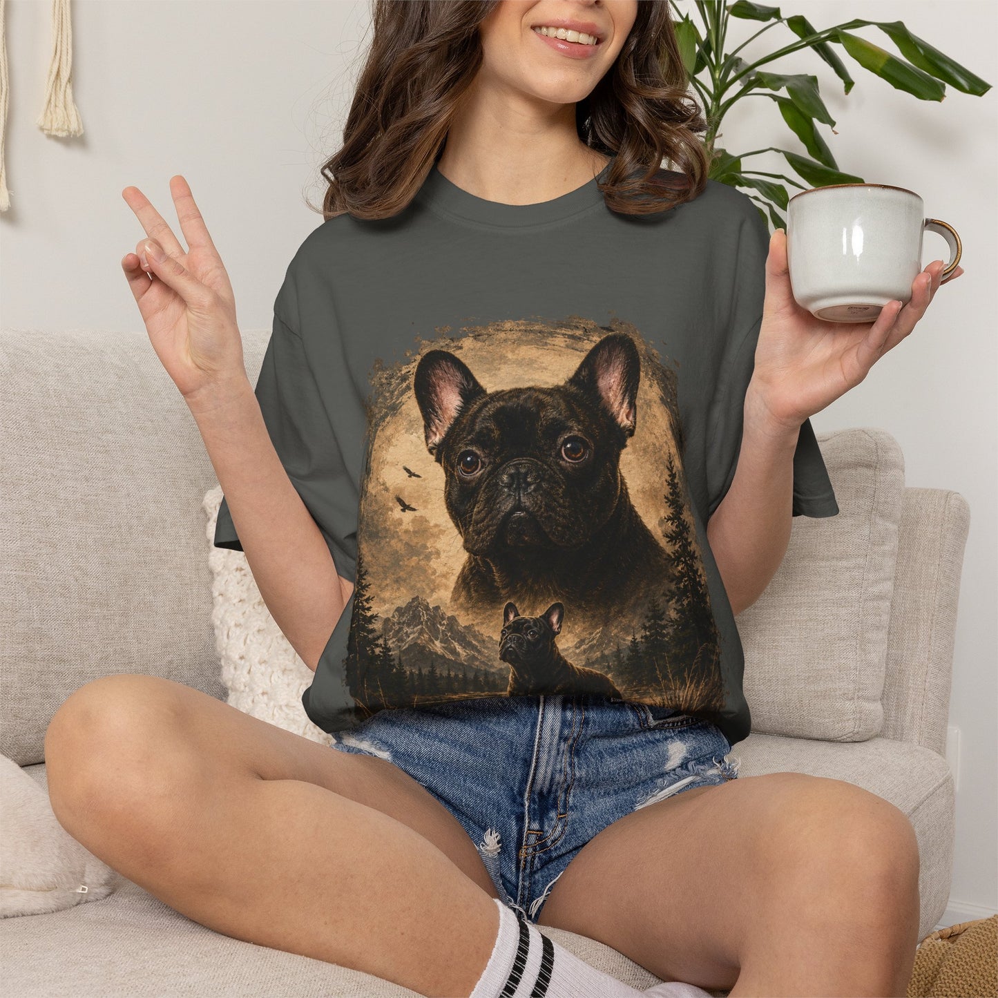 Black French Bulldog Shirt, Vintage Frenchie Nature Tee, Rustic French Bulldog Shirt, Dog Lover Gift, Frenchie Mountain Landscape Tee, Outdoors Dog Shirt, French Bulldog Art