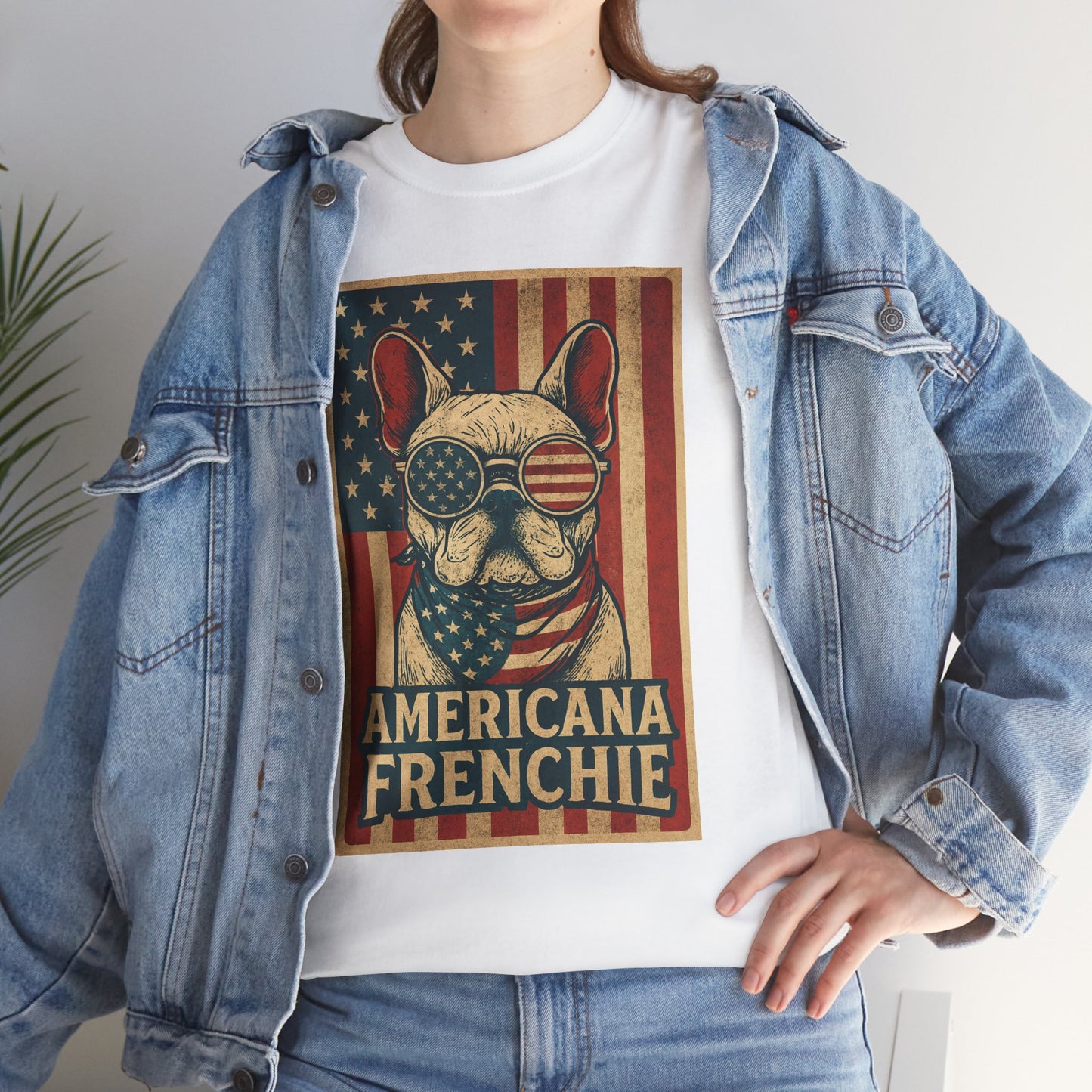 Americana Frenchie T-Shirt – Patriotic French Bulldog Tee, USA Flag Dog Shirt, 4th of July Frenchie Gift, Vintage Retro Style