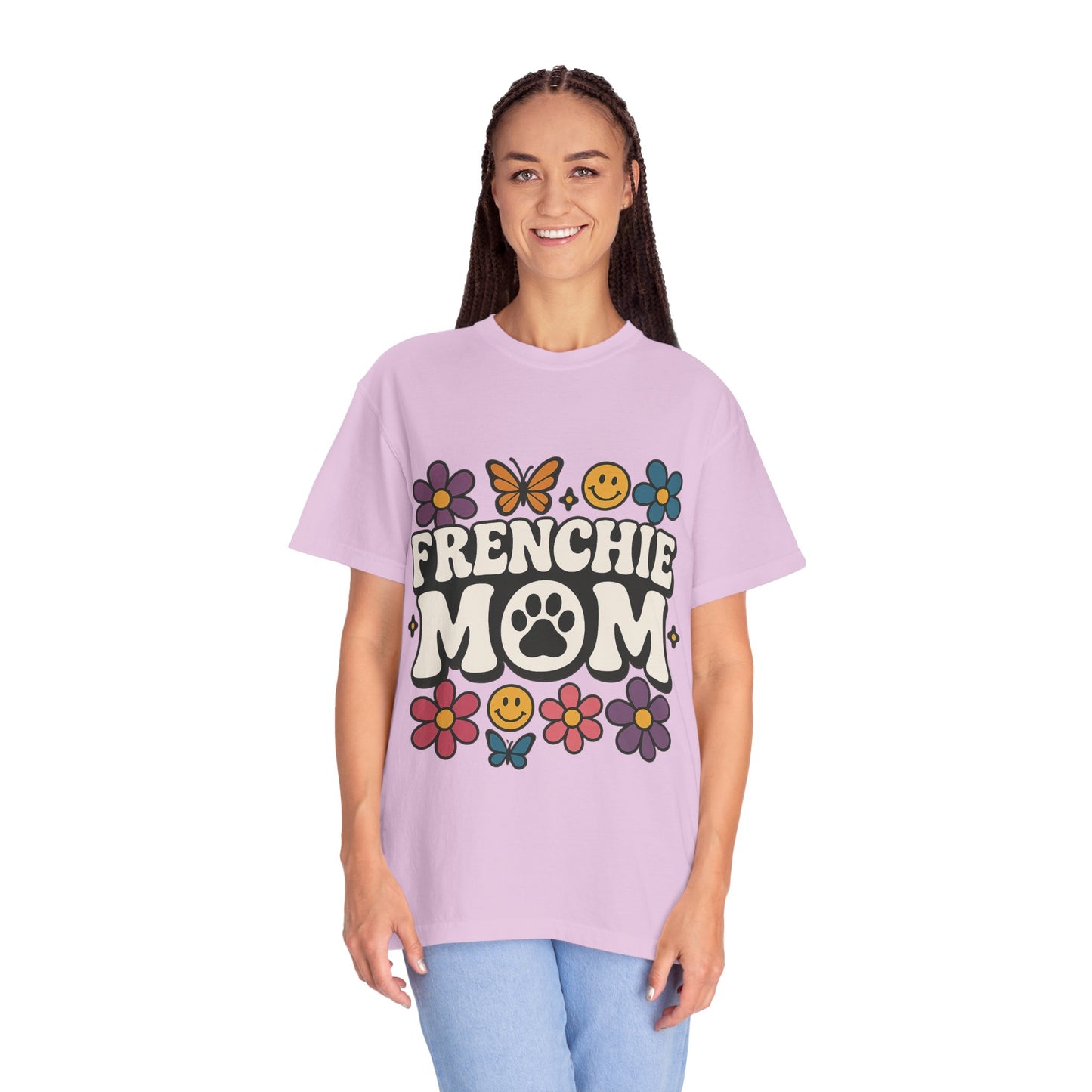 Frenchie Mom T-Shirt | Retro Groovy Dog Lover Tee | Smiley Flower French Bulldog Shirt | Cute Colorful Frenchie Gift for Her