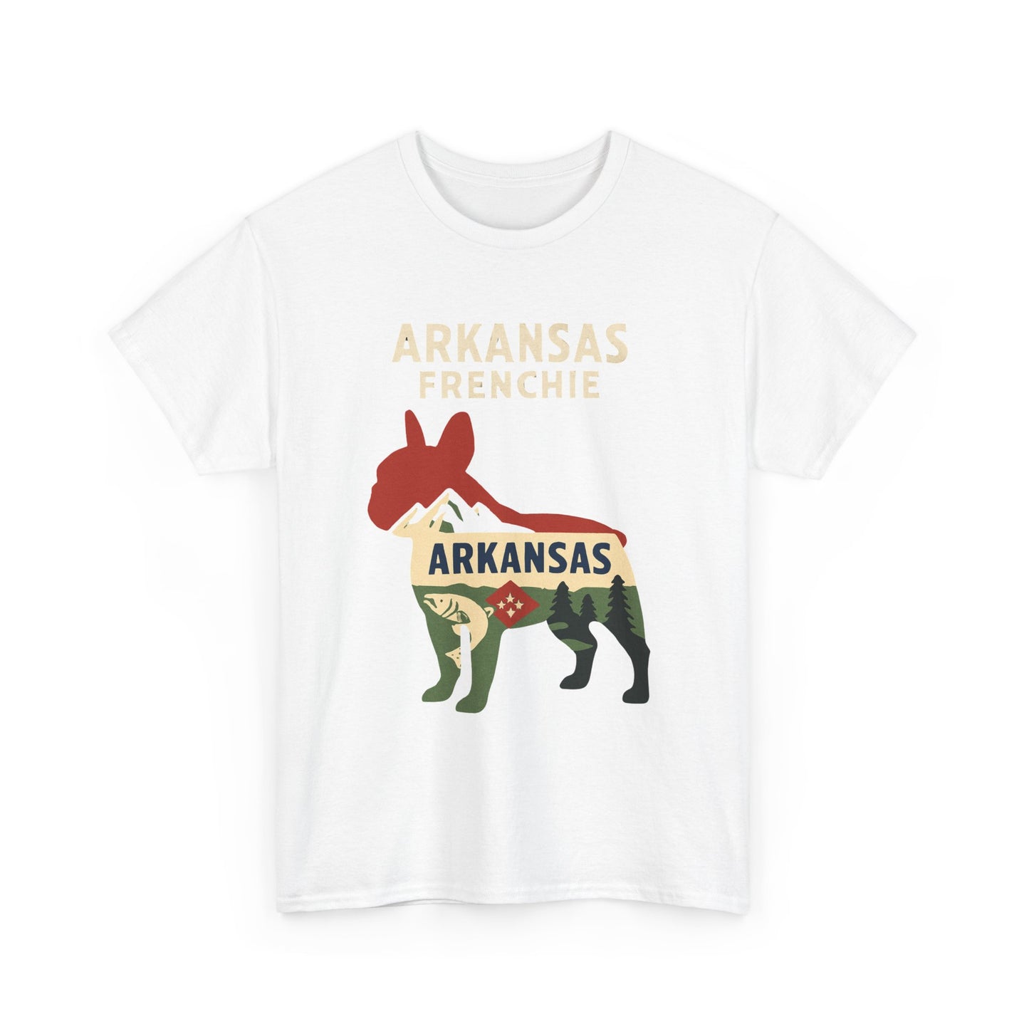 Arkansas Frenchie T-Shirt – French Bulldog State Pride Tee, Retro Arkansas Dog Lover Shirt, Nature Hiking Frenchie Gift