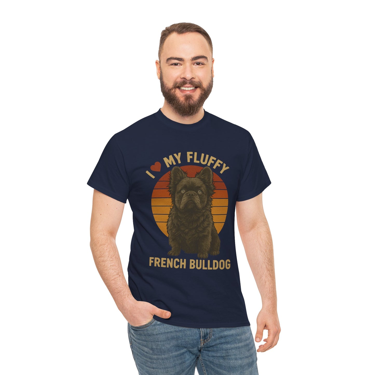 I Love My Fluffy French Bulldog Shirt – Cute Fluffy Frenchie Mom Tee – Retro Sunset Dog Lover Gift – Fluffy Frenchie Owner Present – Pet Parent T-Shirt