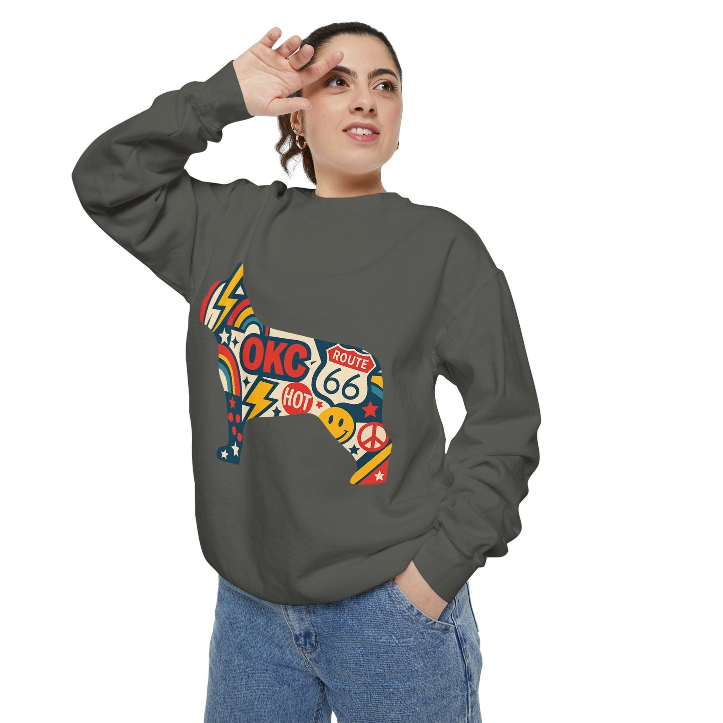 OKC Frenchie Route 66 Sweatshirt | Retro Oklahoma Pullover | Blue Orange Dog Lover Crewneck
