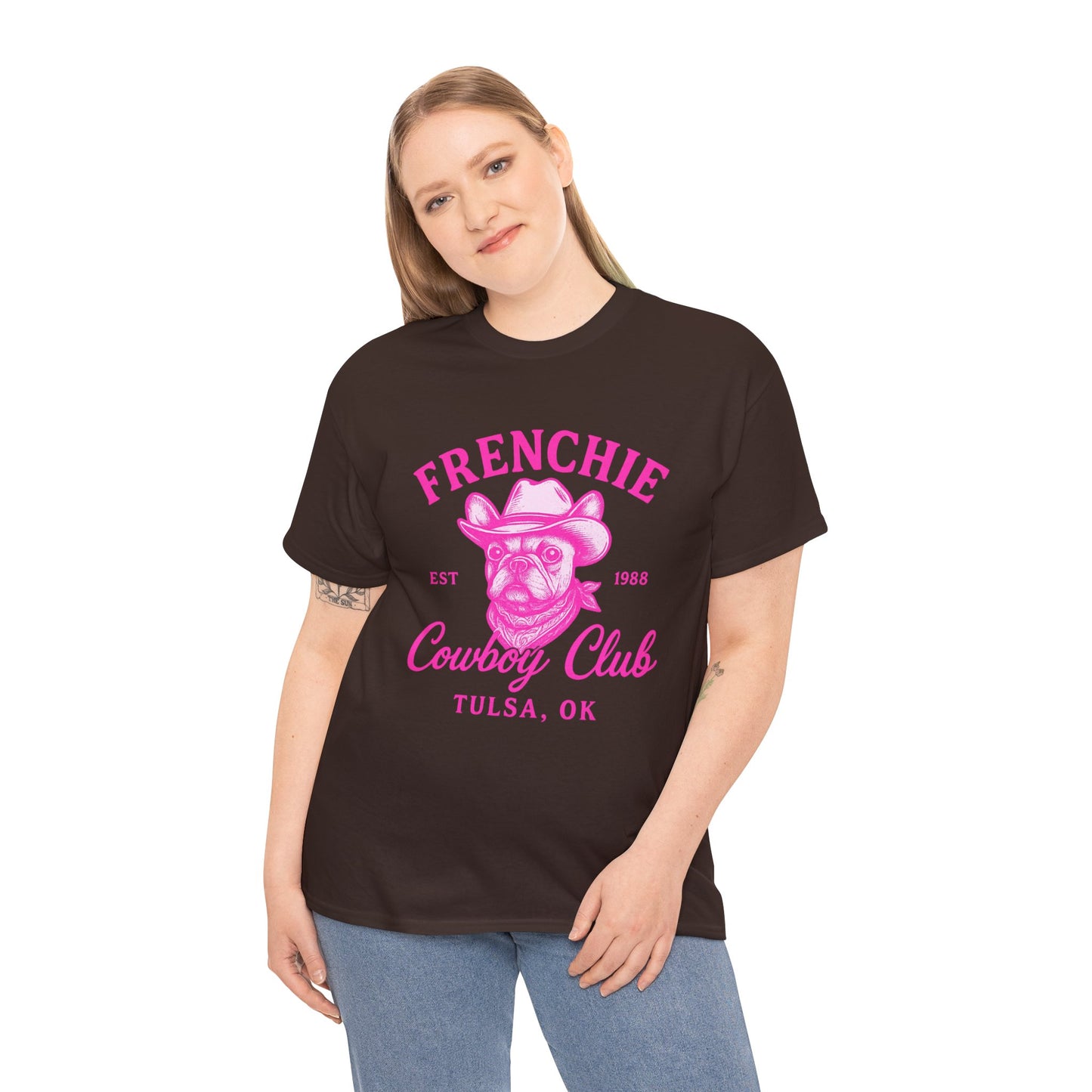 Frenchie Cowboy Club Pink T-Shirt | Hot Pink Western Dog Lover Tee | Tulsa OK French Bulldog Shirt